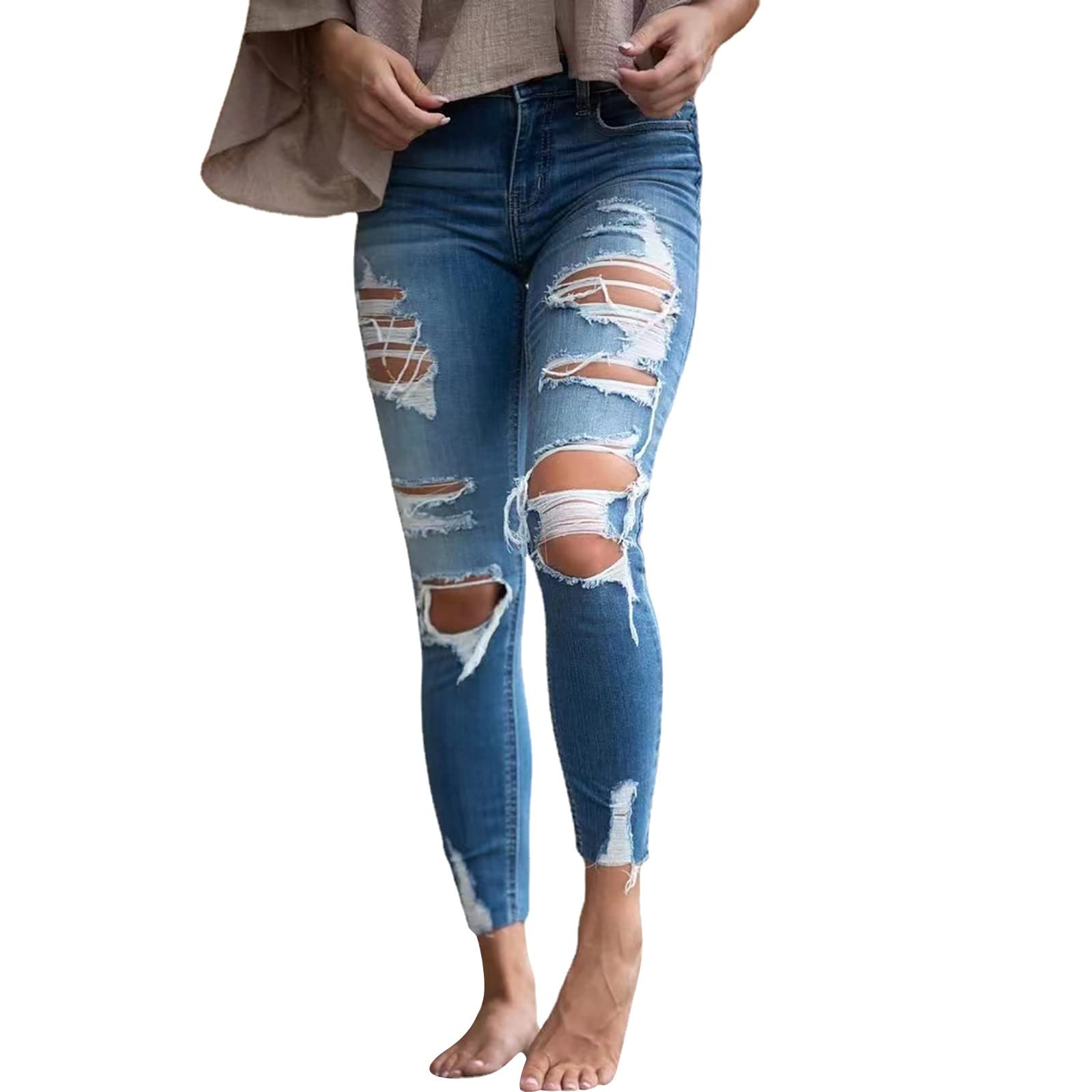 Women's High Waisted Ripped Jeans - Slim Denim Pants for Summer Outfits