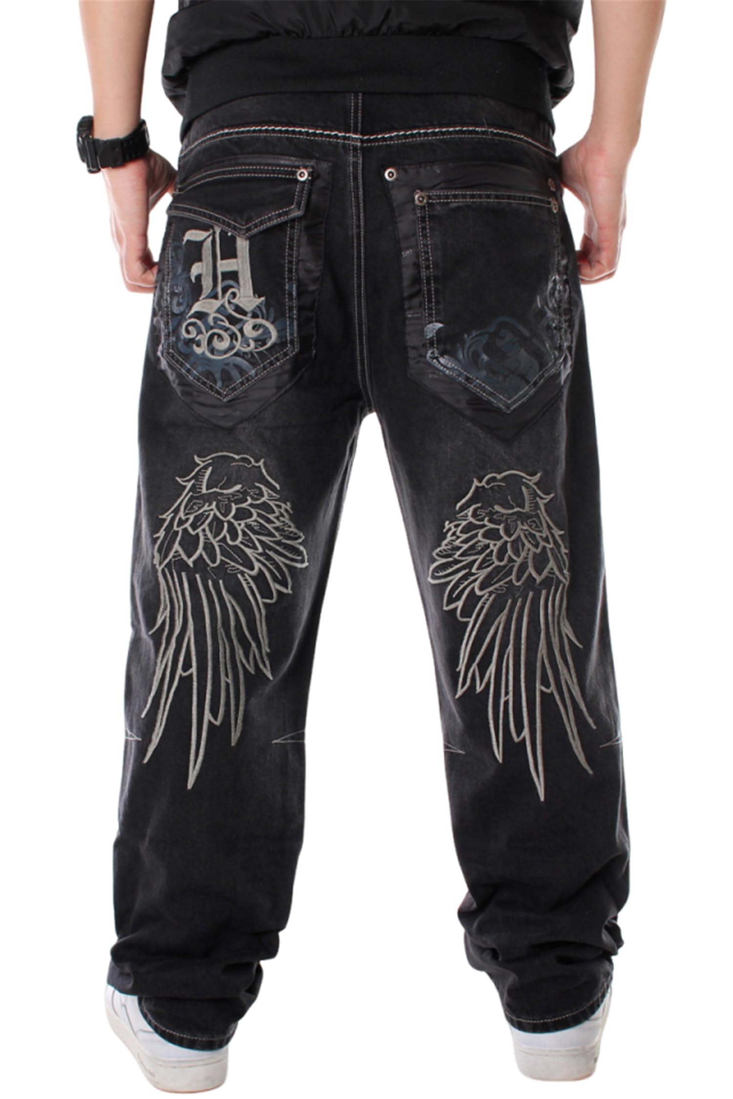 LUOBANIU Men's Hip-Hop Embroidered Baggy Jeans - Loose Fit Denim Pants for Streetwear, Dance & Skateboarding | Comfortable Long Jeans for Casual Wear & Urban Fashion