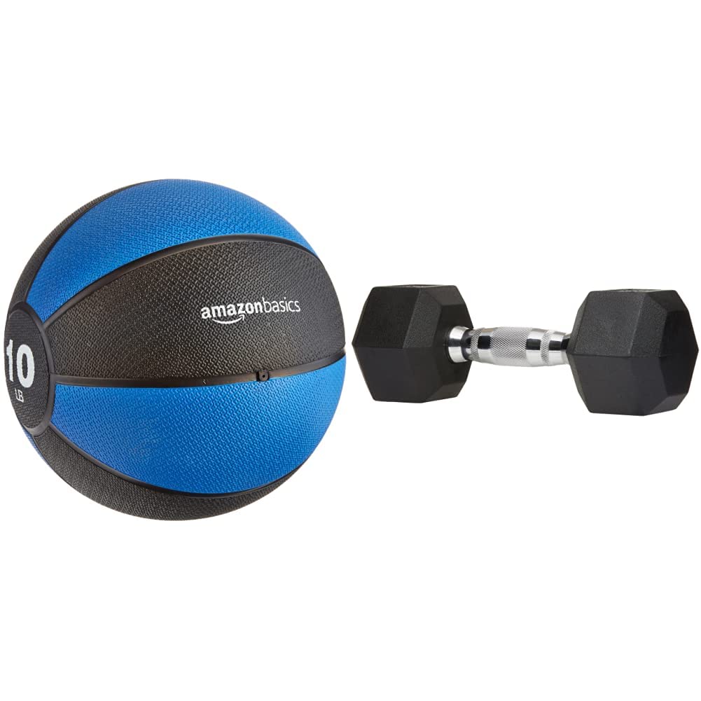 Amazon Basics 10lb Weighted Medicine Ball & 25lb Hex Dumbbell Set - Blue/Black Rubber Encased Fitness Equipment for Home Gym, Cross Training, Strength Workouts - Perfect for HIIT, Yoga, and Functional Training