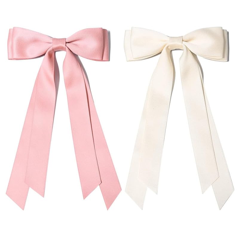 Luxury Silky Satin Hair Bows - 2PCS Beige & Pink Hair Clips with Metal Slides | Elegant Ponytail Holder & Hair Ribbon Accessories for Women, Girls, Toddlers, Teens & Kids | Perfect for Weddings, Parties & Everyday Styling