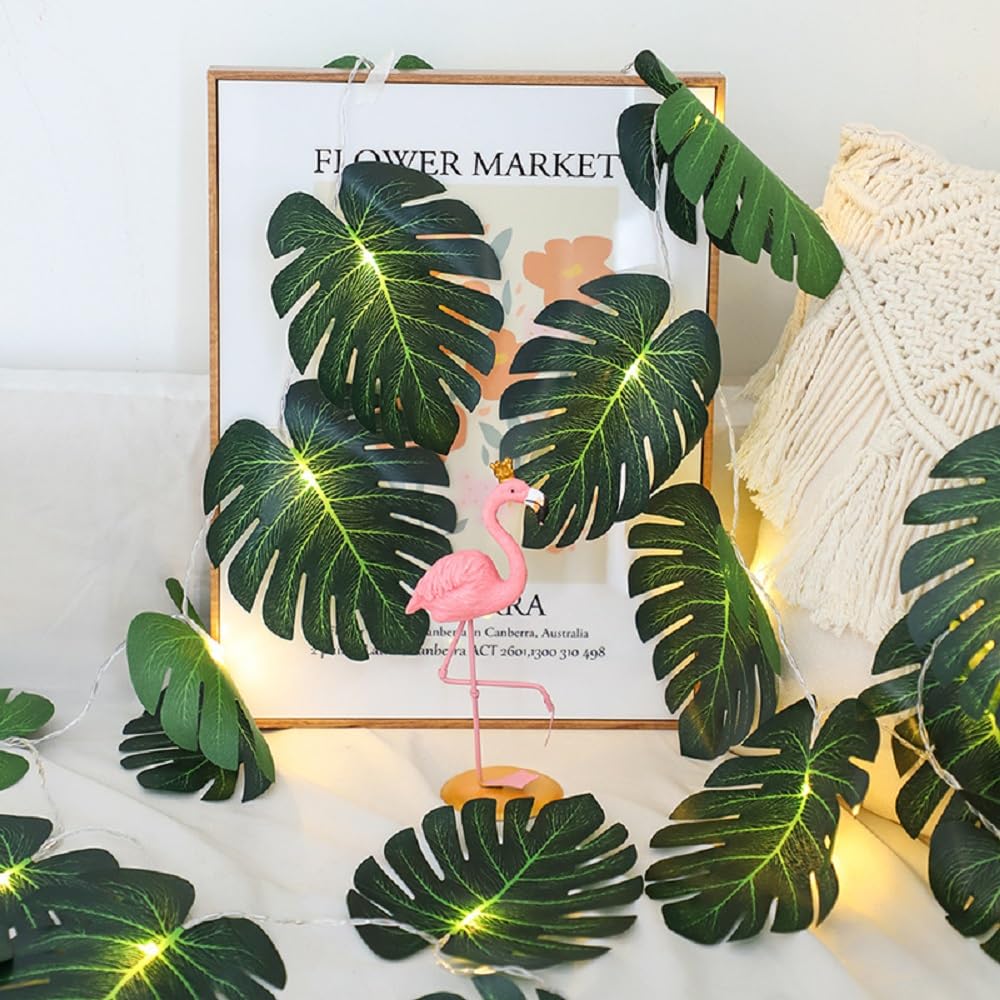 20 LED Monstera Leaf String Lights - Tropical Artificial Palm Vine for Hawaiian Luau Party, Jungle Theme, Beach Birthday & Home Decor | Indoor/Outdoor Waterproof Hanging Lights for Patio, Garden, Wedding, Christmas
