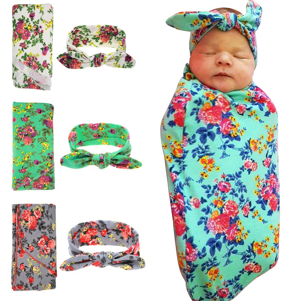 Soft Newborn Swaddle Blankets & Headband Set for Baby Girls & Boys - 100% Cotton Receiving Blankets for Swaddling, Nursing & Photo Shoots - Perfect Baby Shower Gift & Hospital Essentials