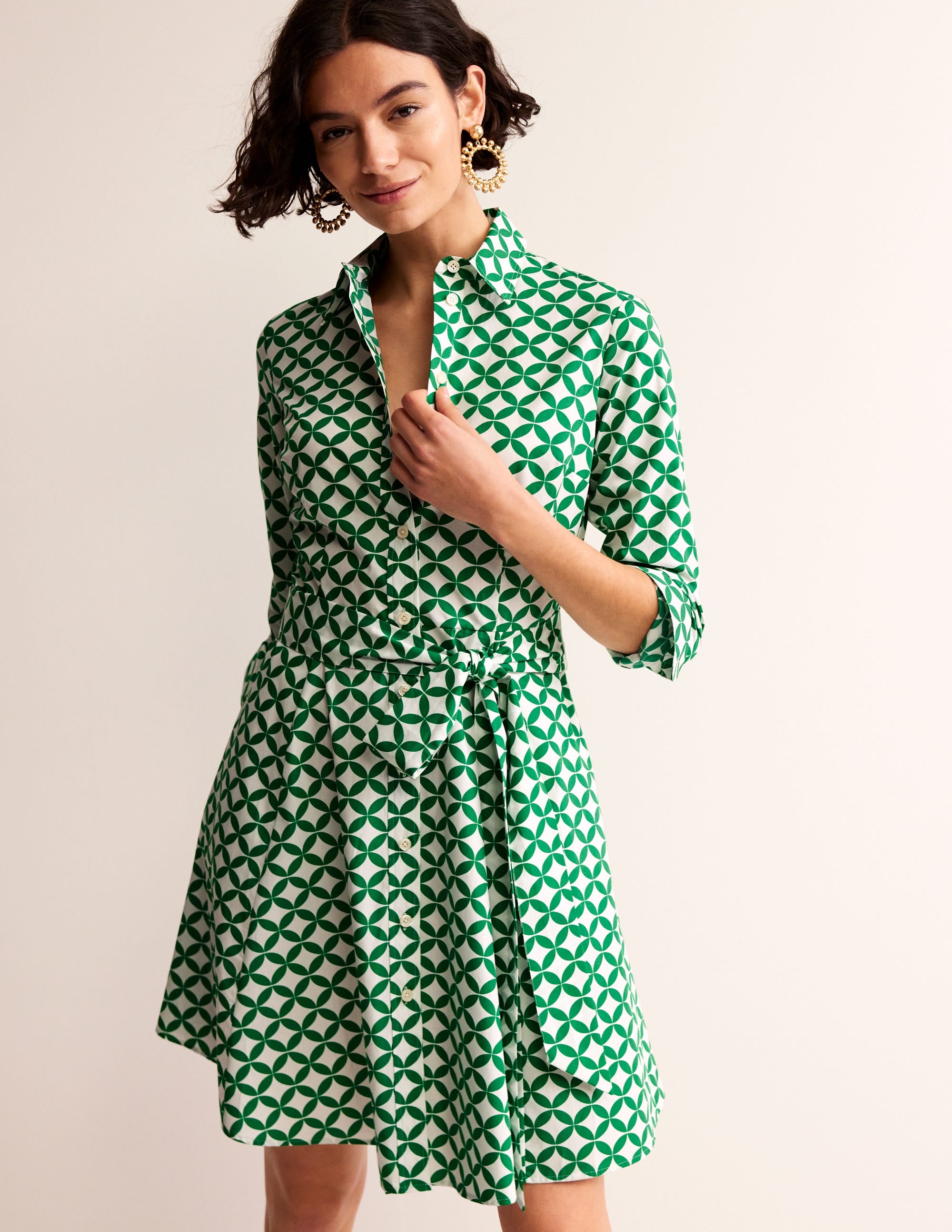 Amy Cotton Short Shirt Dress for Women - Green Casual Summer Dress with Diamond Terrace Pattern | Perfect for Beach, Vacation and Everyday Wear