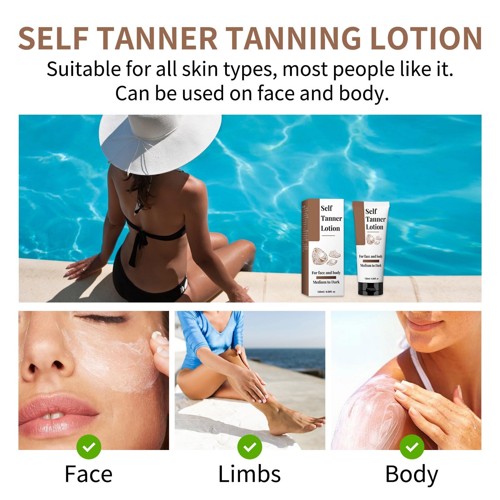 Best Self Tanner Lotion for Face & Body - Natural Aloe Vera & Coconut Moisturizing Tanning Milk, 24H Hydration, Streak-Free Fake Tan, Non-Staining Formula (Medium to Dark) - Perfect for Summer Glow, Beach Vacations & Everyday Tan Maintenance