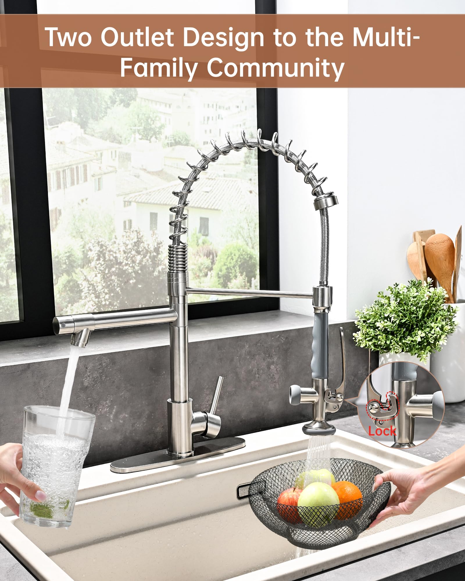 Fapully Commercial Kitchen Faucet with Pull Down Sprayer and Deck Plate - Brushed Nickel Finish for Restaurant & Home Kitchen Sink