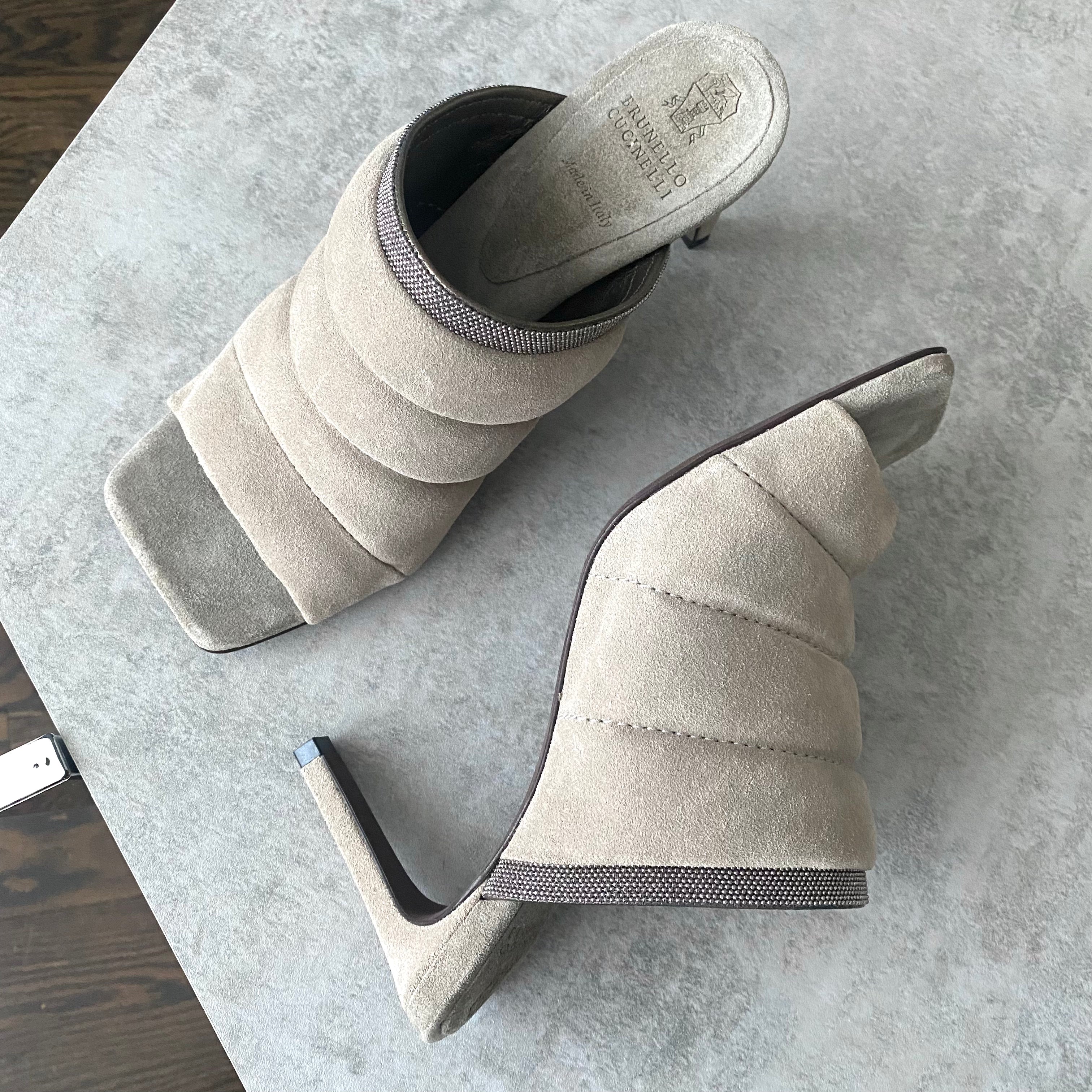 Brunello Cucinelli Grey Suede Padded Monili Mule Sandals - Women's Size 36.5/37 EU (5.5/6 US) - Comfortable Luxury Slide Sandals for Summer, Beach & Casual Outings