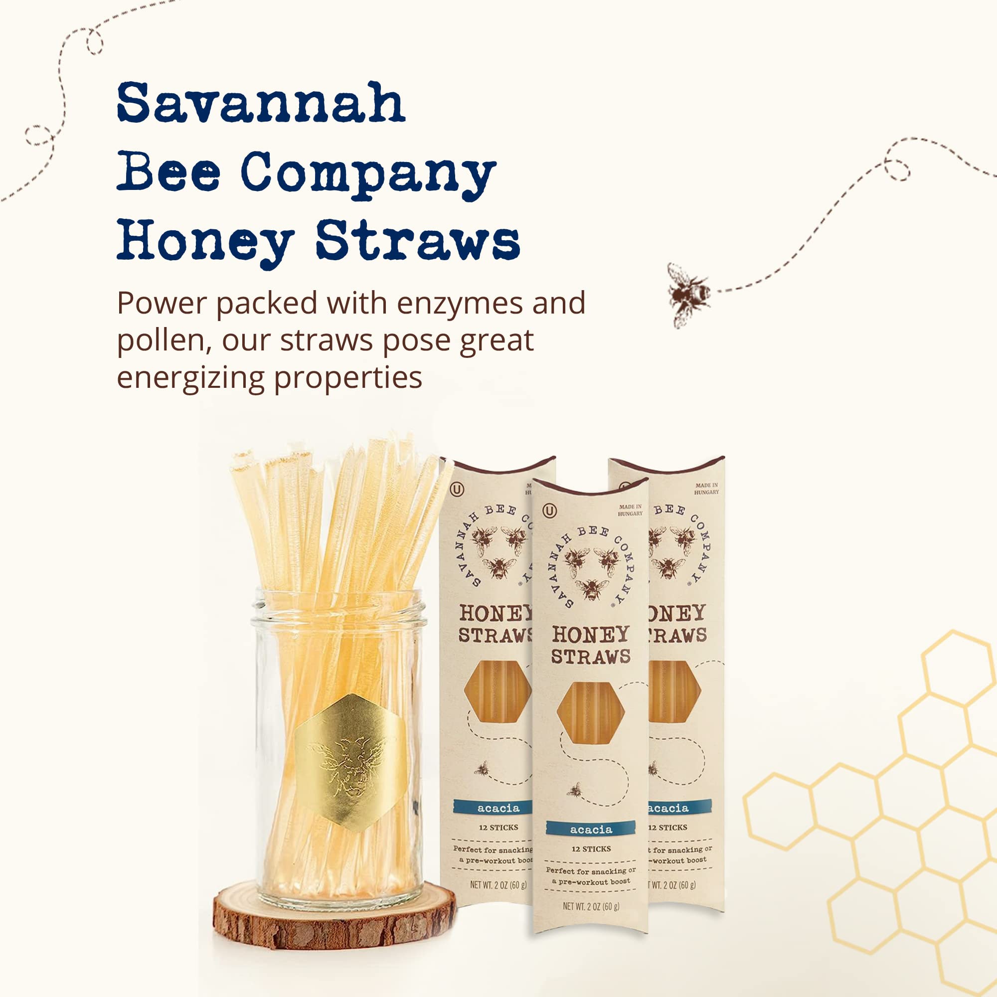 Savannah Bee Company Pure Acacia Honey Straws - 12 Pack | All Natural, Gluten Free & Kosher Certified Honey Sticks | Healthy Snacks for Kids & Adults | Perfect for On-the-Go, Tea Sweetener & Lunchboxes | Made in USA