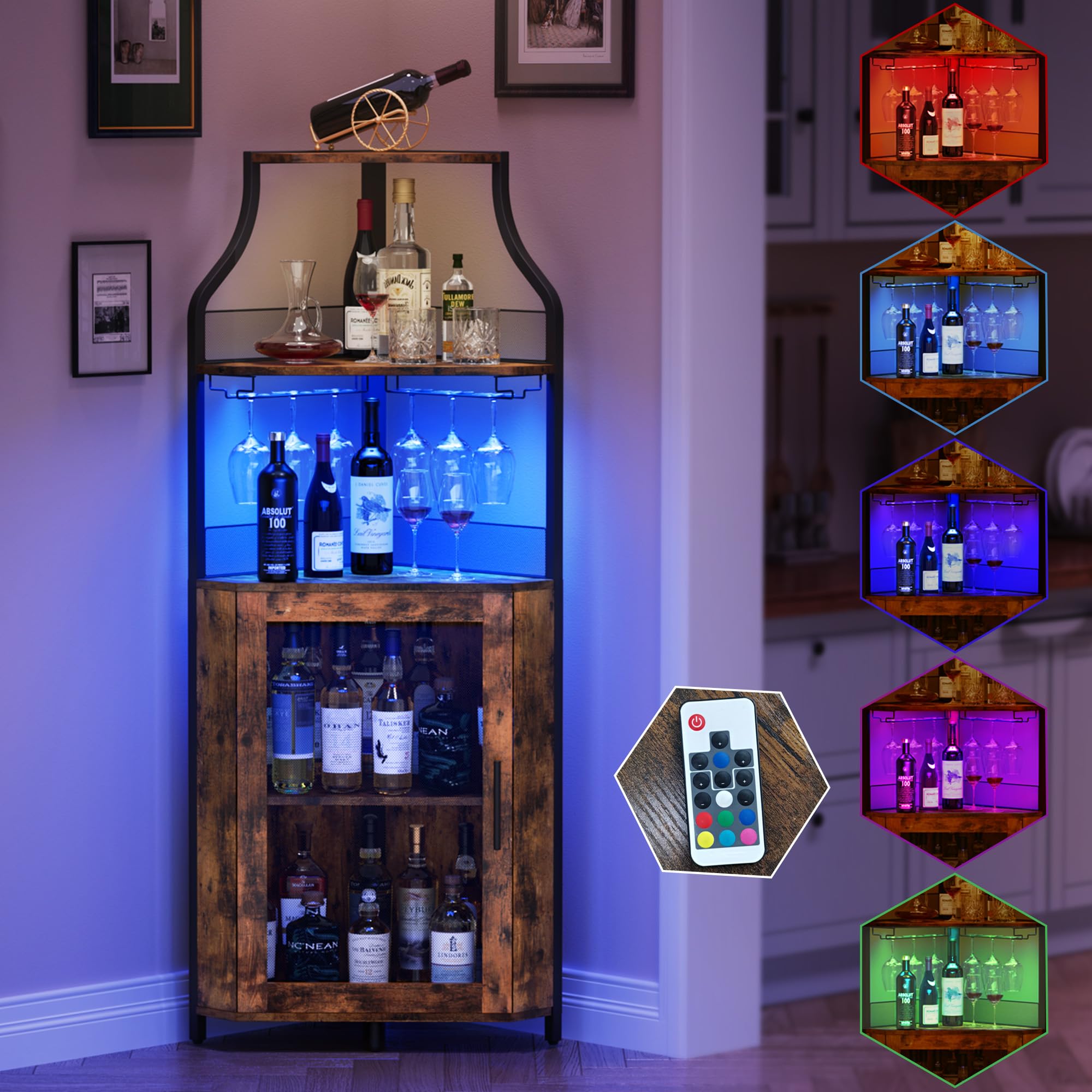 5-Tier Industrial Wine Cabinet with LED Lights & Glass Holder - Adjustable Shelf, Mesh Door - Rustic Brown Home Bar Cabinet for Living Room, Dining Room & Kitchen Decor