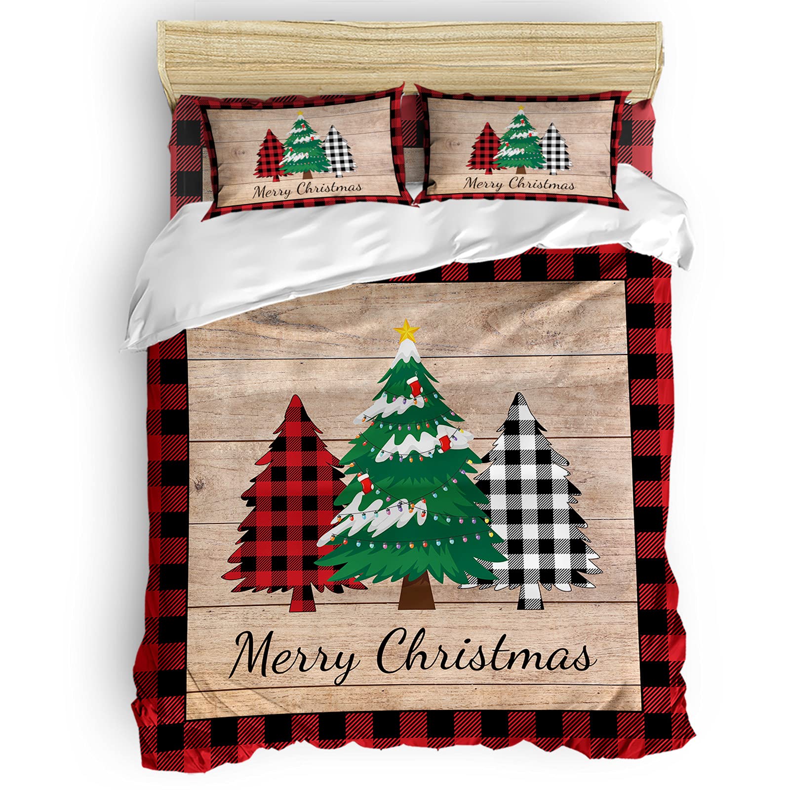 4Pcs Christmas Duvet Cover Set King Size - Festive Plaid Pine Tree Design on Vintage Wooden Board - Zipper Closure Comforter Cover - Holiday Bedding for Cozy Winter Nights & Christmas Home Decor