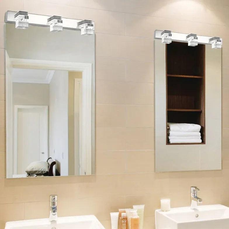 Square Silver Crystal Bathroom Mirror Lights - Modern LED Vanity Mirror with Adjustable Brightness for Makeup, Shaving & Home Decor
