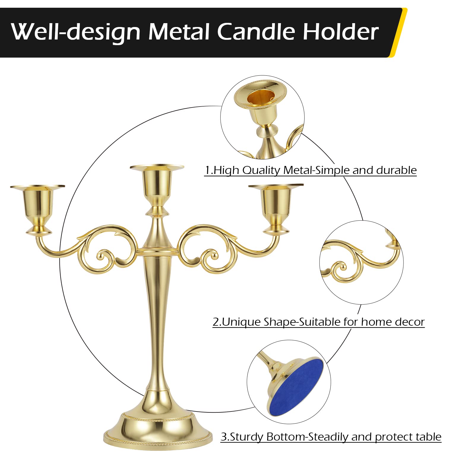 **Dyna-Living 3-Arm Gold Metal Candelabra Candle Holder Set (2pcs) - Elegant Tall Candlestick Stand for Long Taper Candles - Perfect for Weddings, Anniversaries, Parties & Home Decor**
