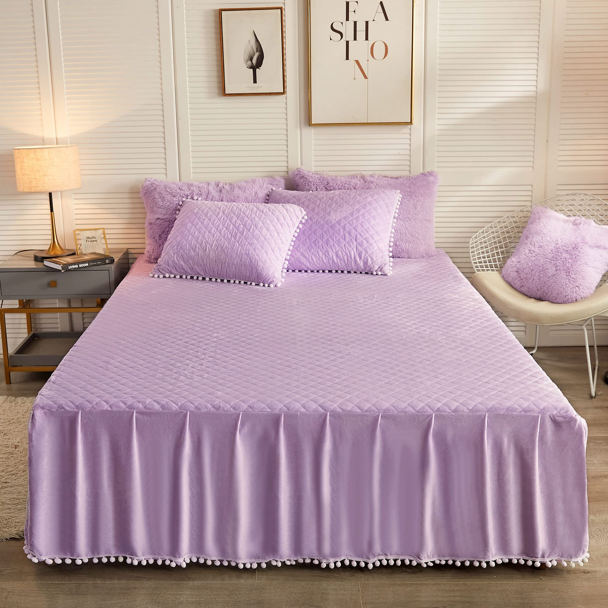 Luxury Pom Poms Velvet Bed Skirt - 18 Inch Drop Lavender Dust Ruffle Bed Skirt for Full/Queen Beds | Soft Cozy Quilted Fitted Bed Sheet with Elegant Fringe | Orchid Purple Bedspread Decor for Master Bedroom & Guest Room