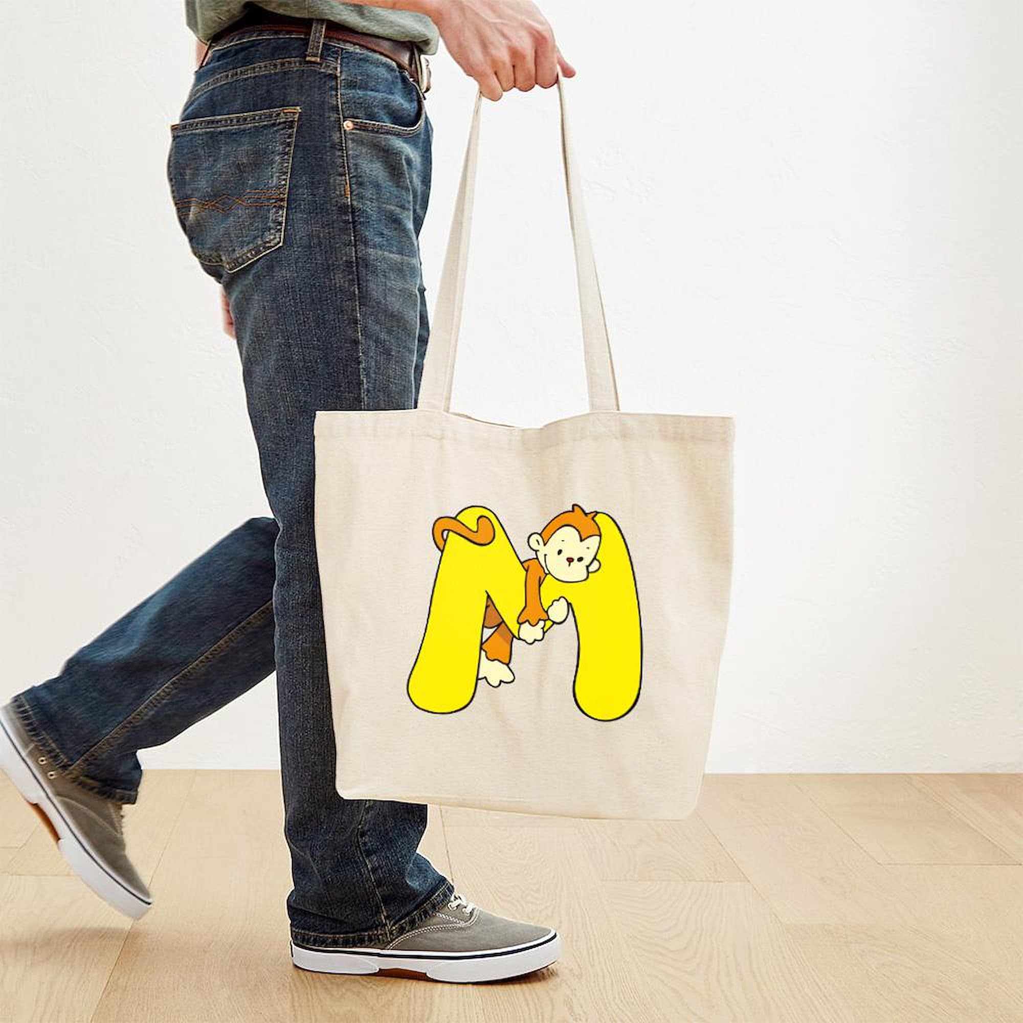 Zoo Alphabet M Monkey Tote Bag - Eco-Friendly Natural Canvas Reusable Shopping Bag for Groceries, Beach & Everyday Use