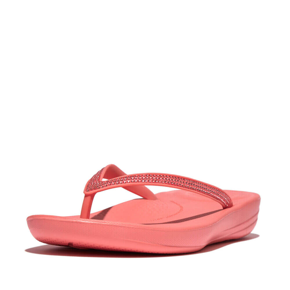 FitFlop Iqushion Sparkle Sandals for Women - Comfortable Rose Coral Glitter Flip Flops | Perfect for Beach, Pool, and Summer Outfits
