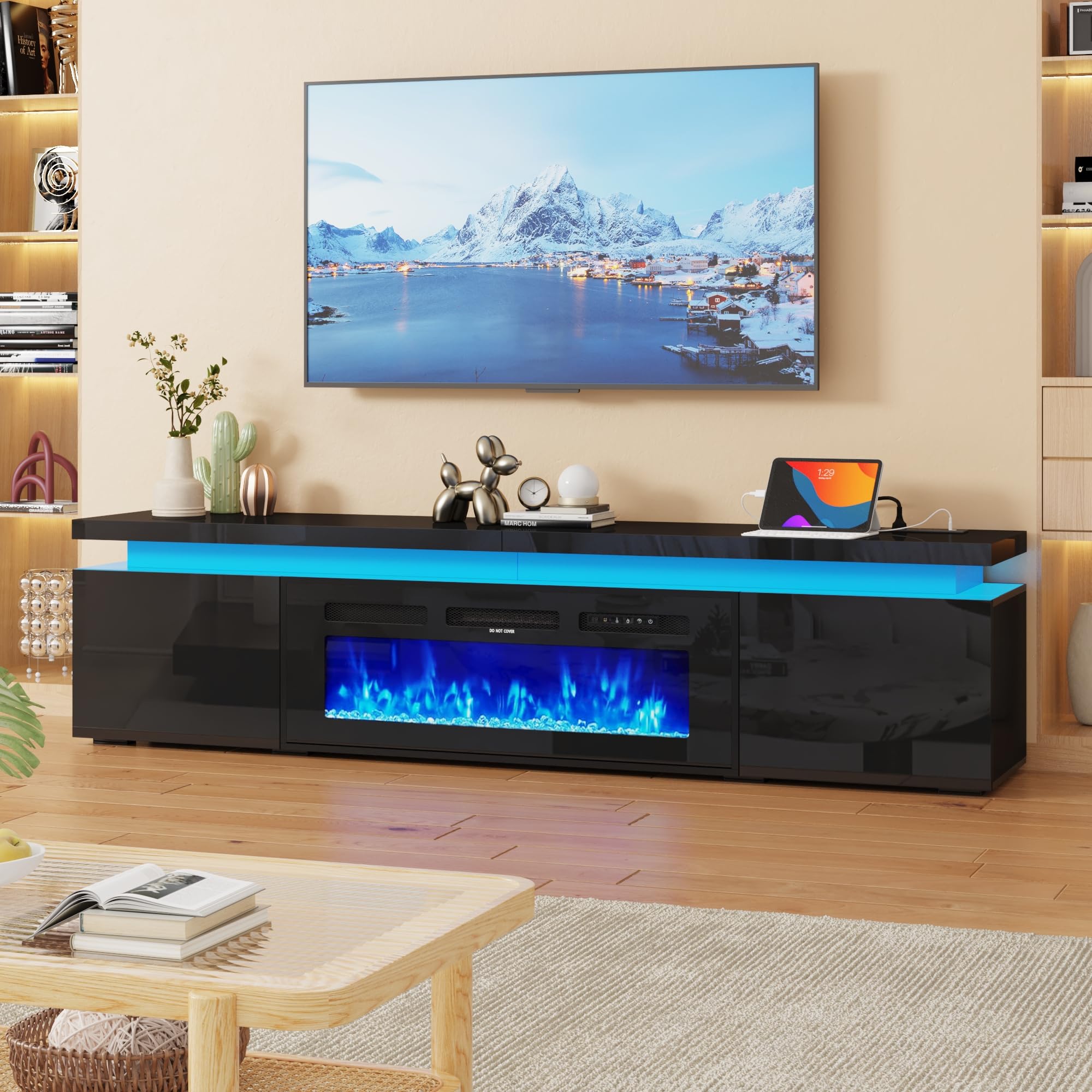 71-Inch Modern LED TV Stand with Built-in 40-Inch Electric Fireplace - Fits 80-Inch TVs, High Gloss Entertainment Center with Power Outlet & Storage - Perfect for Living Room & Bedroom (Black) - Cozy Winter Nights & Stylish Home Decor Solution