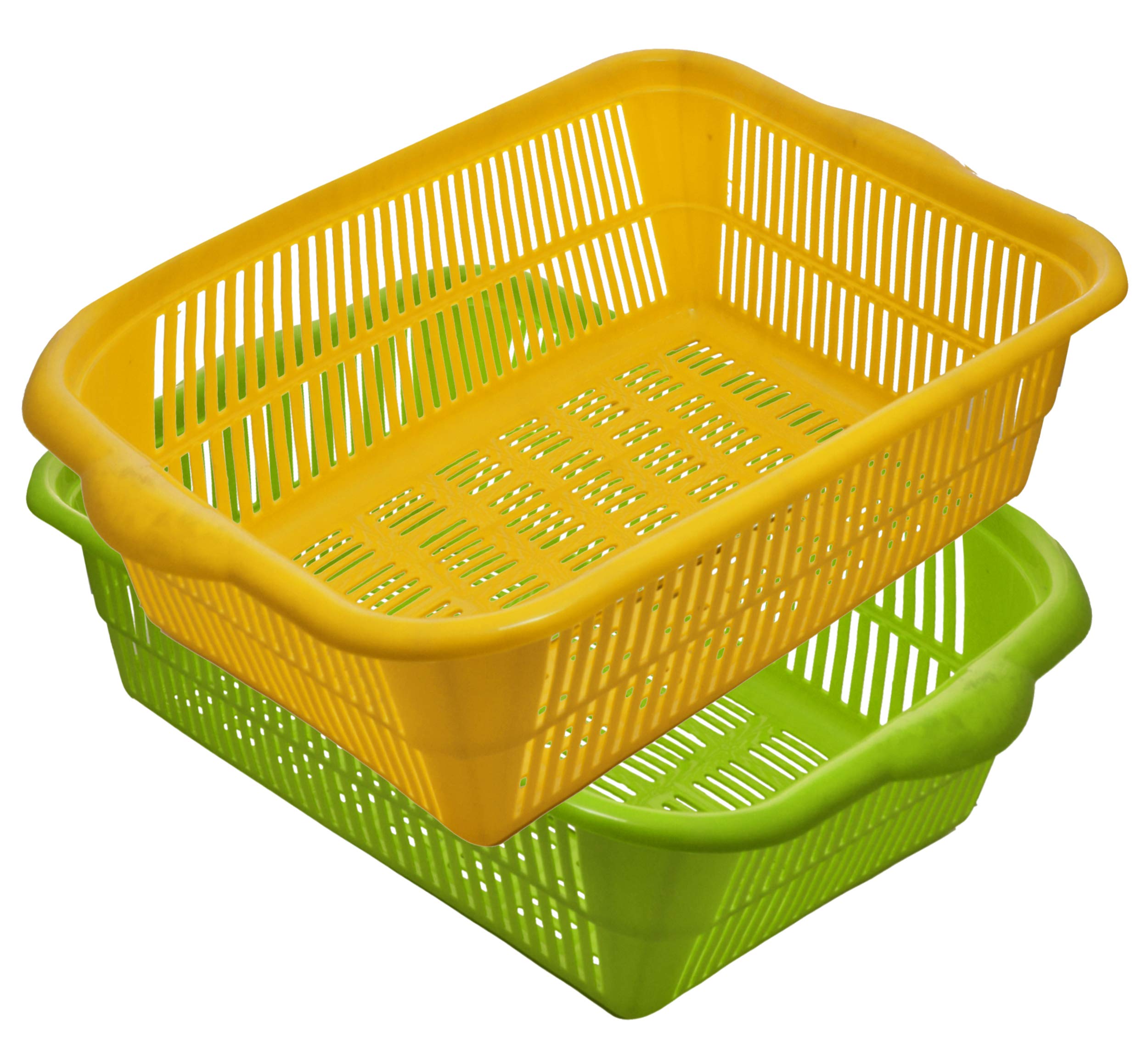 2-Piece Plastic Kitchen Dish Rack & Vegetable Fruit Washing Basket - Space-Saving Drainer, Multipurpose Organizer (Pink & Yellow) - Perfect for Small Kitchens, Countertop Storage & Produce Cleaning - HEART3628