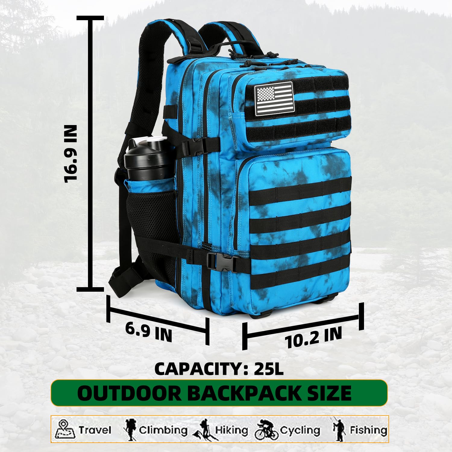 25L Tactical Backpack Military Molle Rucksack - Water Resistant Outdoor Hiking Camping Backpack for Men & Women - Perfect for Travel, Assault Training & Survival Gear (Blue Camo Pattern)
