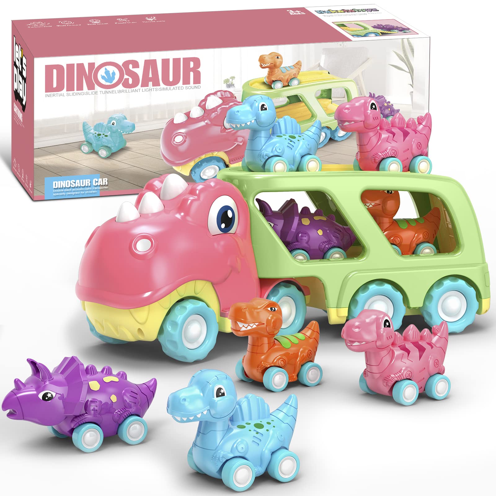 Dinosaur Car Toy for Toddler Girls - Pink Dino Carrier Truck with 4 Mini Pull Back Cars, Realistic Lights & Sounds | Educational Toys for Kids Ages 3+ | Perfect Birthday Gift & Pretend Play for Preschoolers