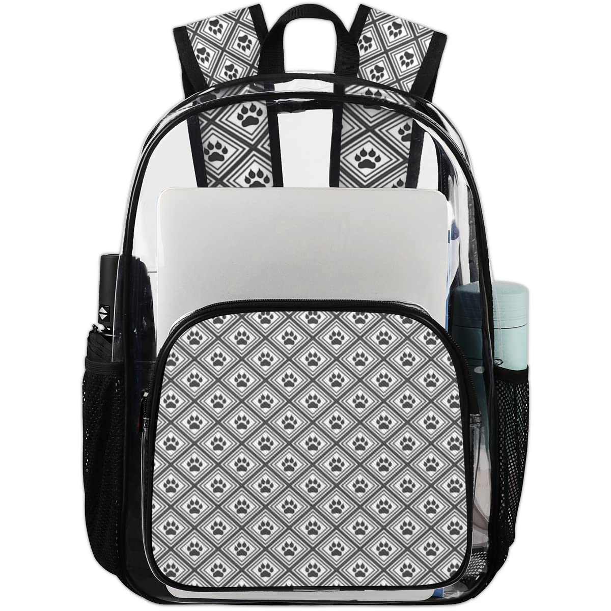 Animal Paw Print Rhombus Clear PVC Backpack - Heavy Duty Transparent Stadium Approved Large Laptop Backpack for Work, Travel, Sports & Concerts | Perfect for School, Music Festivals and Security Checkpoints