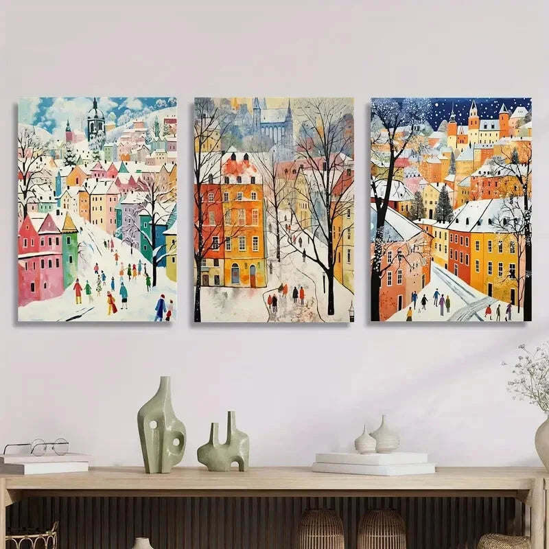3-Piece Winter Snow Scene Metal Wall Art - Urban Landscape with Trees - Ready to Hang - Perfect for Living Room, Bedroom & Office Decor