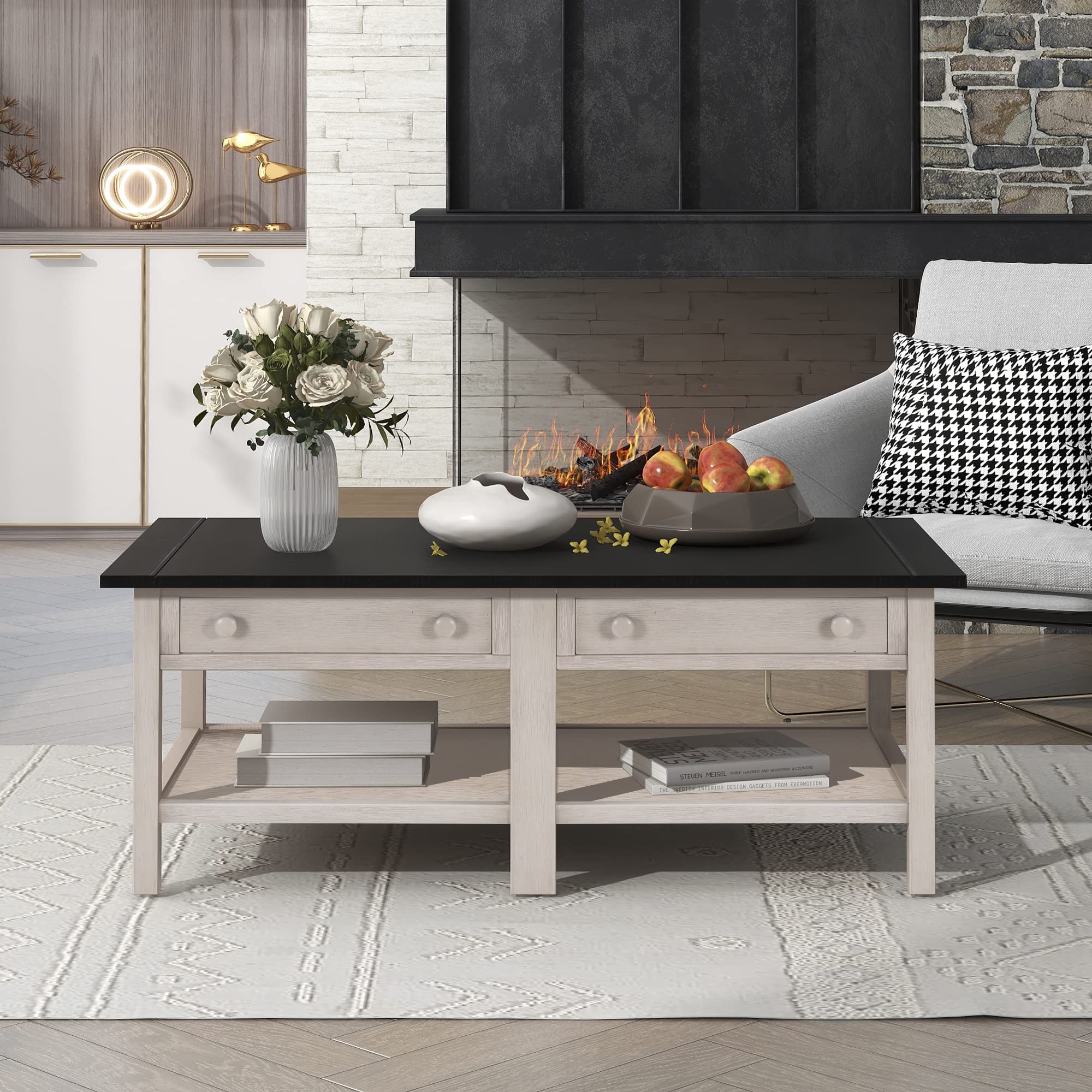 Solid Wood Coffee Table with 2 Drawers & Open Shelf - Large Storage, Classic American Style Cocktail Table for Living Room, Office, or Lounge (Espresso & White Finish) - Perfect for Entertaining Guests, Holding Drinks & Displaying Decor