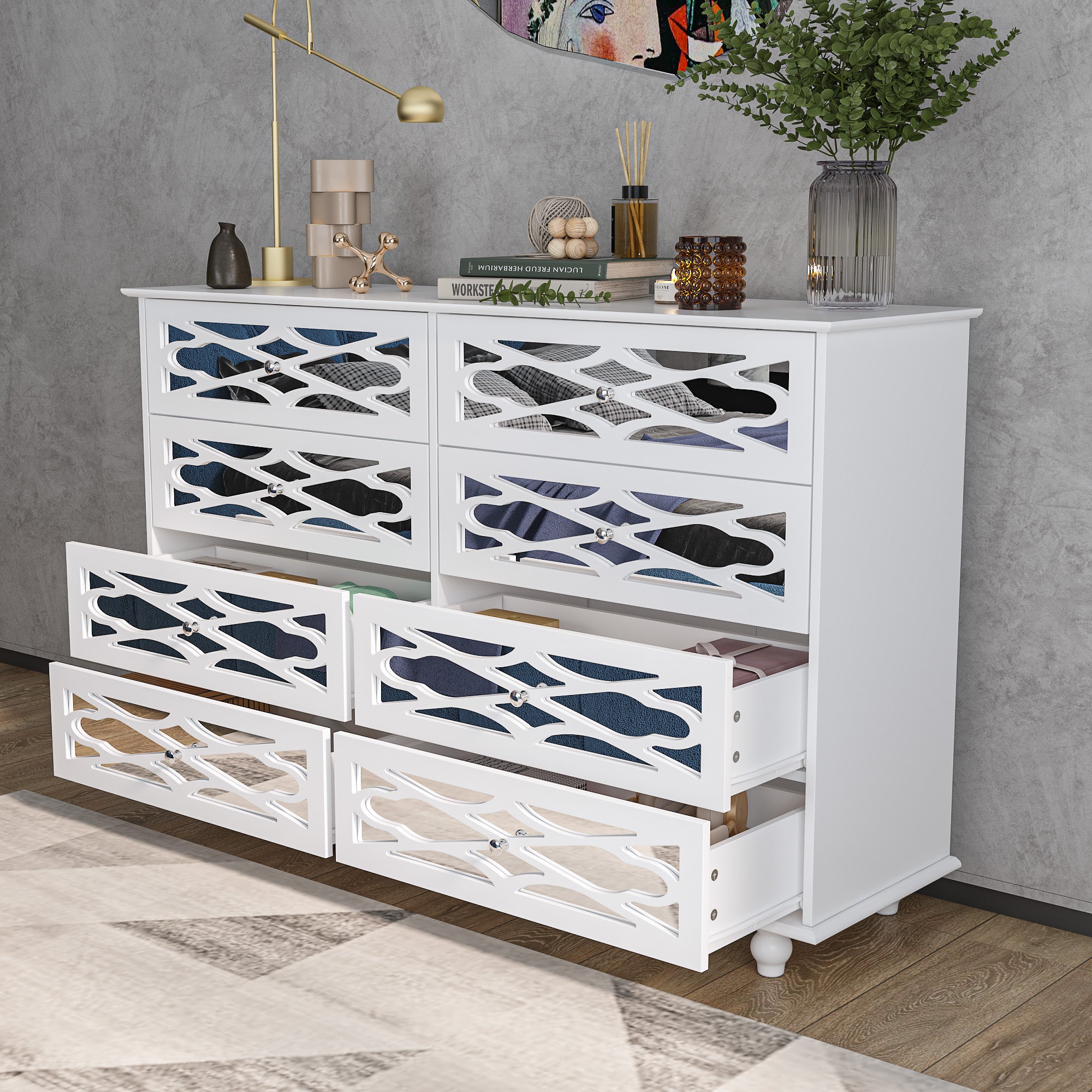8-Drawer Mirrored Dresser - Modern Bedroom Furniture with Reflective Glass for Storage & Organization | Perfect for Bedroom, Closet, or Entryway Decor