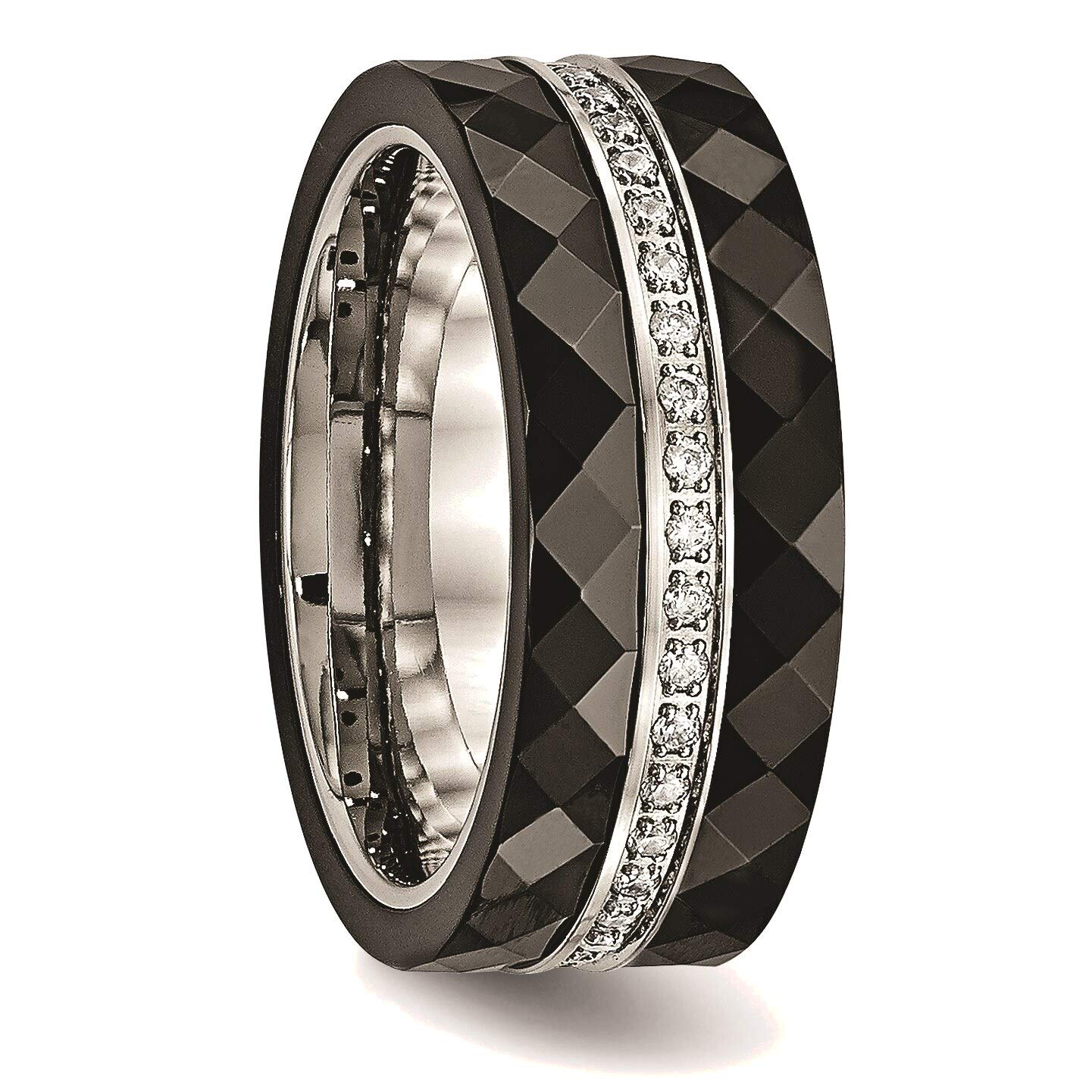 Bonyak Stainless Steel Black Ceramic CZ Ring for Women - Size 7, Polished Faceted Design, Durable & Hypoallergenic Jewelry - Perfect for Everyday Wear, Gift Giving & Special Occasions