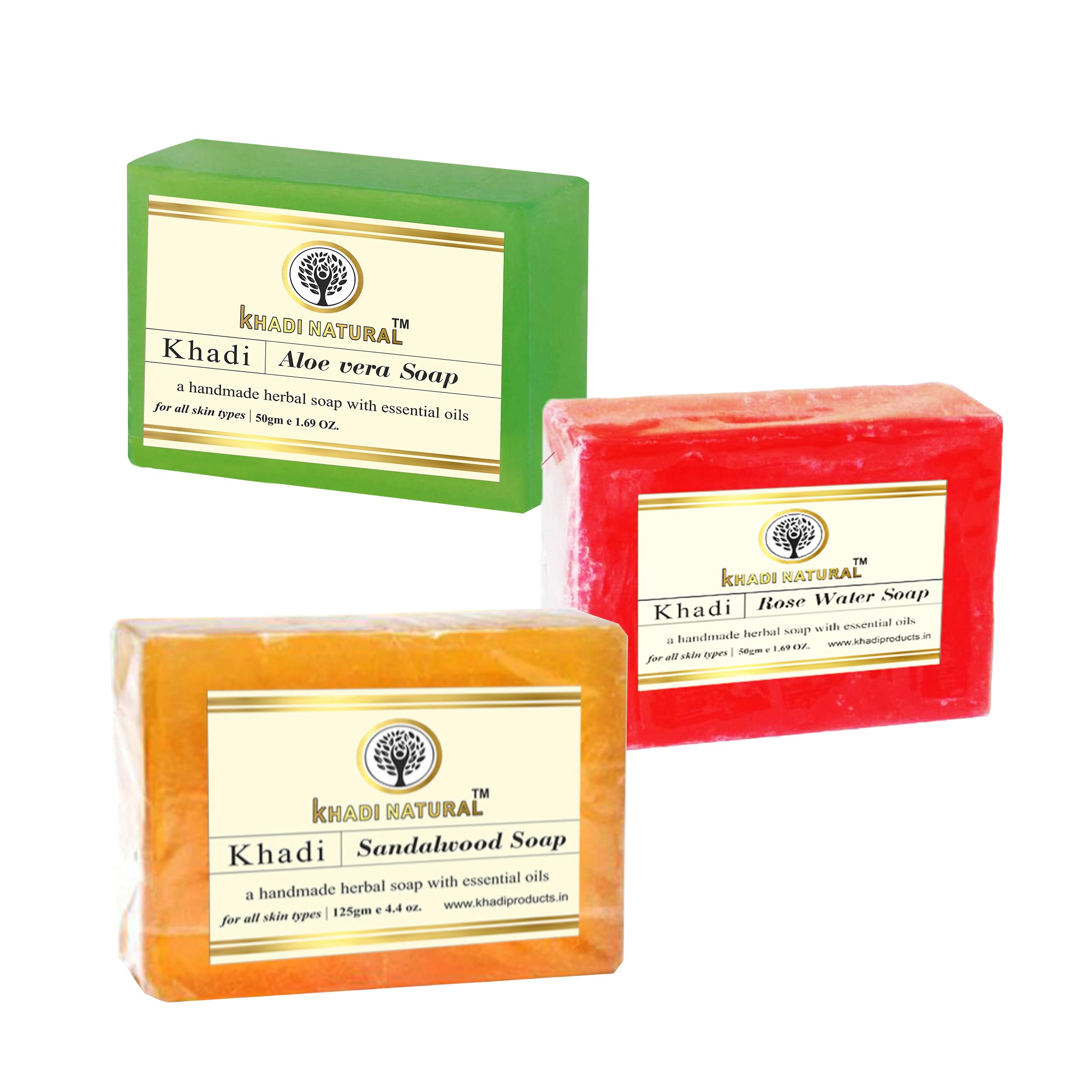 Khadi Natural Handmade Herbal Soap Bar Pack - 3x125g Organic Rose Water, Aloe Vera & Sandalwood Soap with Essential Oils for Soft, Healthy Skin | Gentle Cleansing, Moisturizing Bath & Shower Soap for Dry, Sensitive Skin | Perfect for Daily Skincare Routine & Spa-Like Experience at Home