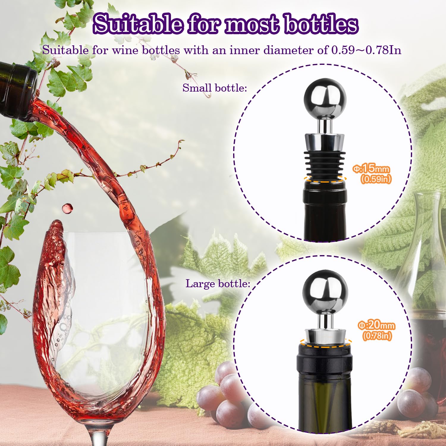 5-Pack Reusable Silicone Wine Bottle Stoppers - Airtight Vacuum Seal Keeps Wine Fresh for Standard Bottles | Perfect for Home Bars, Parties & Wine Preservation (Silver)