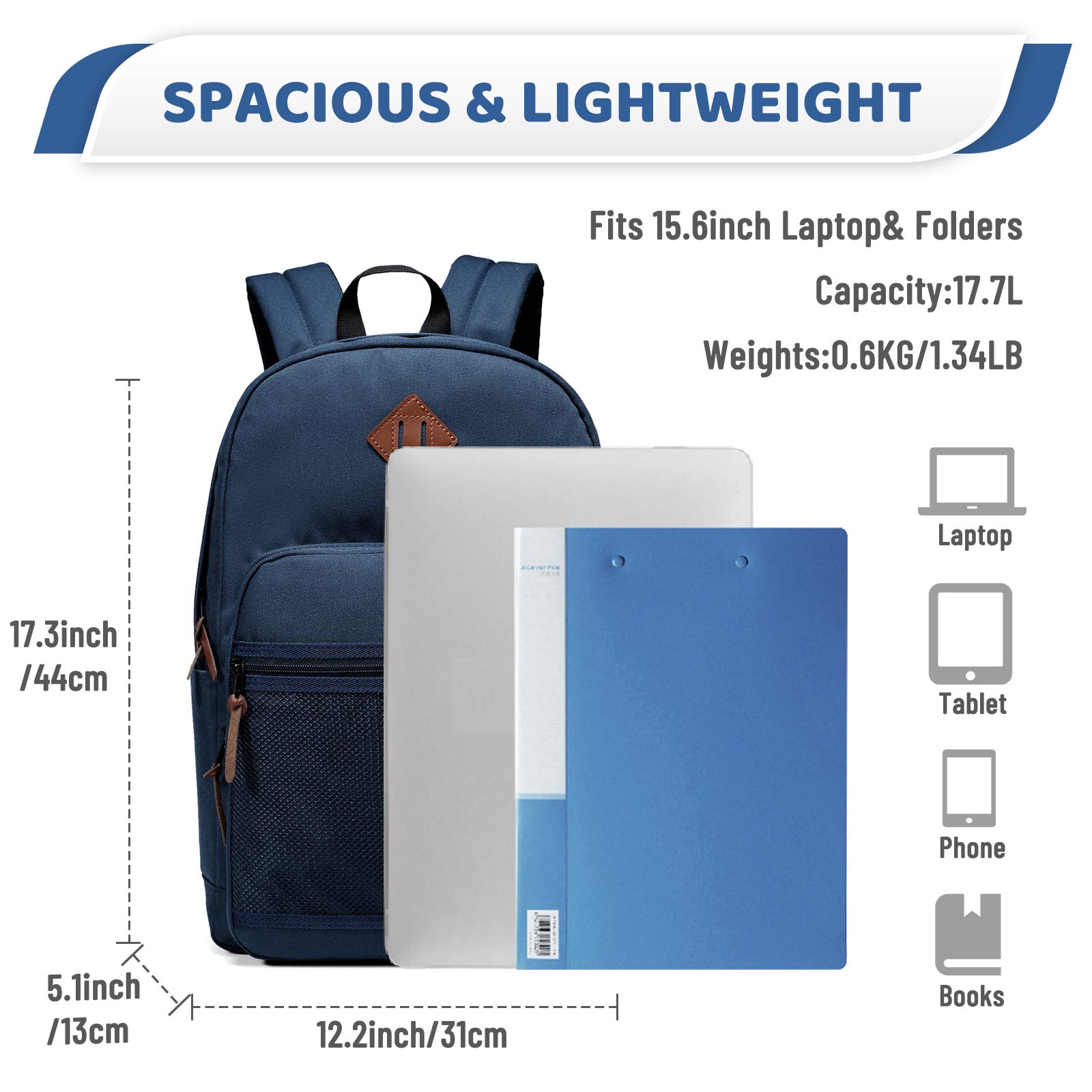 VASCHY Waterproof Lightweight School Backpack for Men & Women - 15.6 Inch Laptop Backpack with Padded Sleeve - Navy Blue College Backpack for Travel, Work & Daily Commute