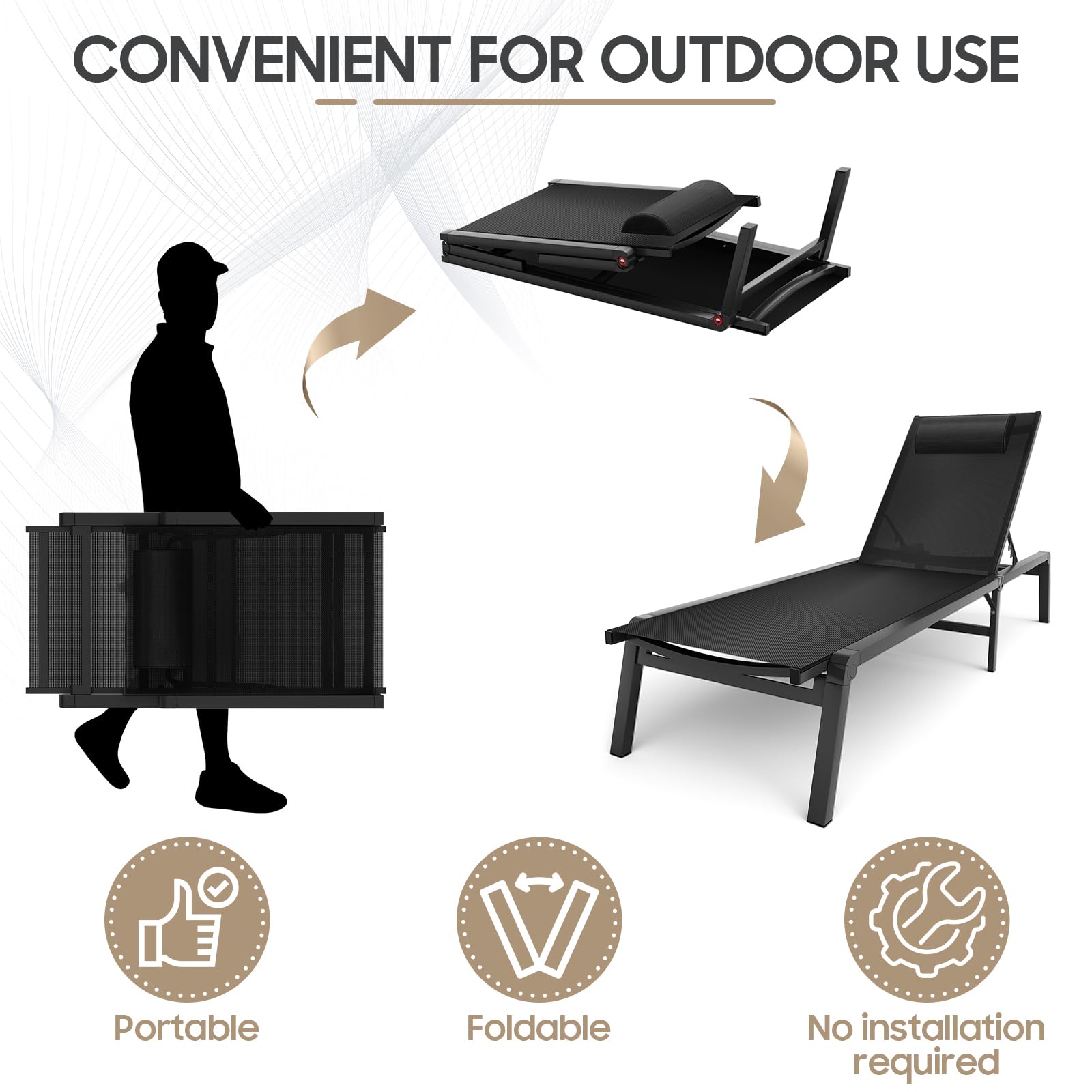 **5-Position Adjustable Aluminum Folding Chaise Lounge Chair - Outdoor Recliner for Patio, Pool, Beach & Tanning - Heavy Duty Black Poolside Sunbathing Chair**    *(Perfect for Relaxing by the Pool, Lounging in the Backyard, or Sunbathing at the Beach - Lightweight & Portable for Easy Storage & Travel)*