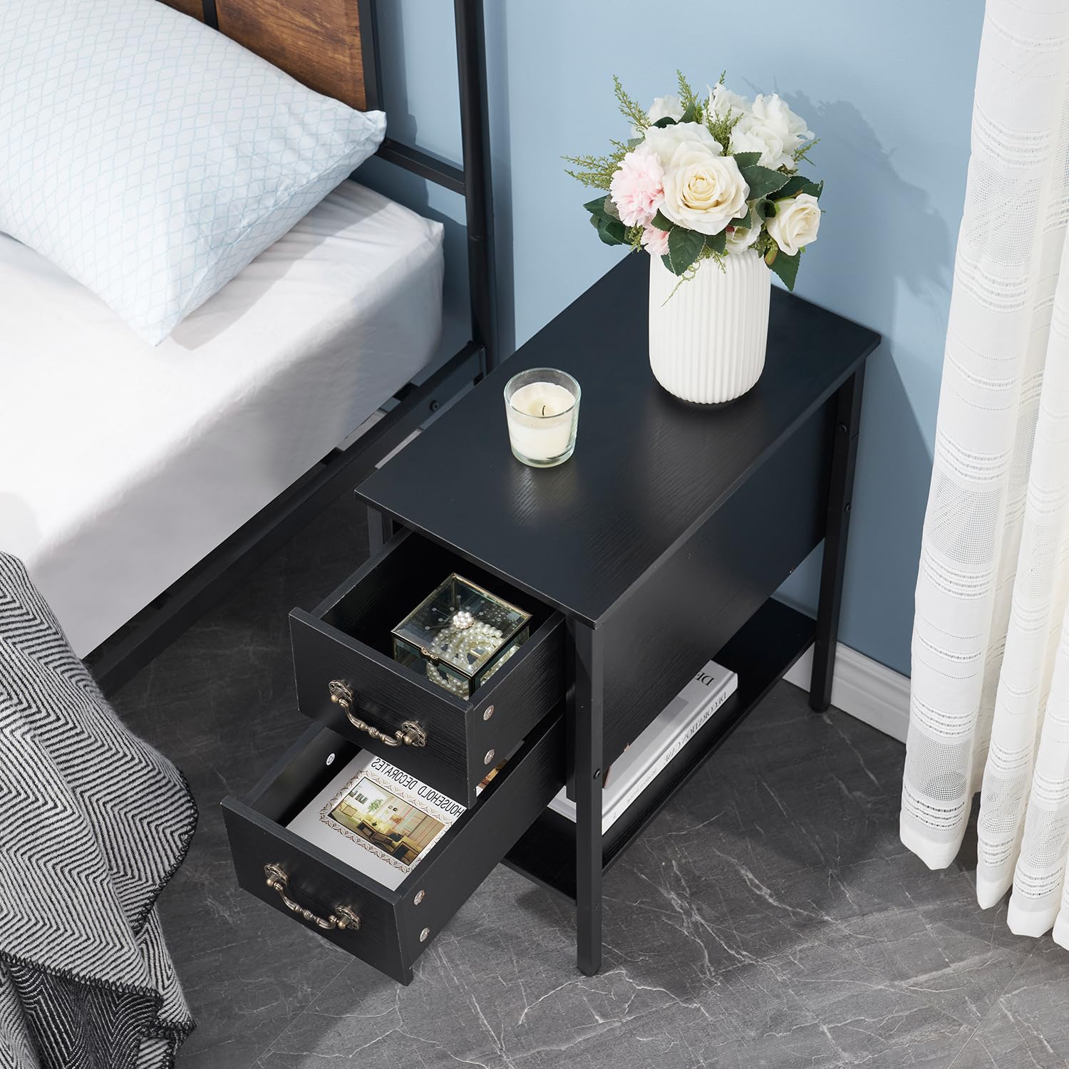 VECELO Narrow End Table with Drawers & Storage Shelf - Modern Nightstand for Small Spaces, Bedroom & Living Room - Perfect for Storing Books, Lamps & Bedside Essentials