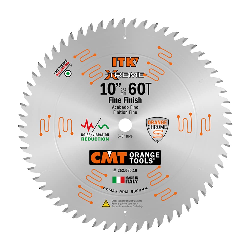 CMT 253.060.10 ITK Industrial Finish 10-Inch 60-Tooth Sliding Compound Miter Saw Blade - 1FTG+2ATB Grind with 5/8-Inch Bore - Perfect for Woodworking, Carpentry, and Precision Cutting Projects
