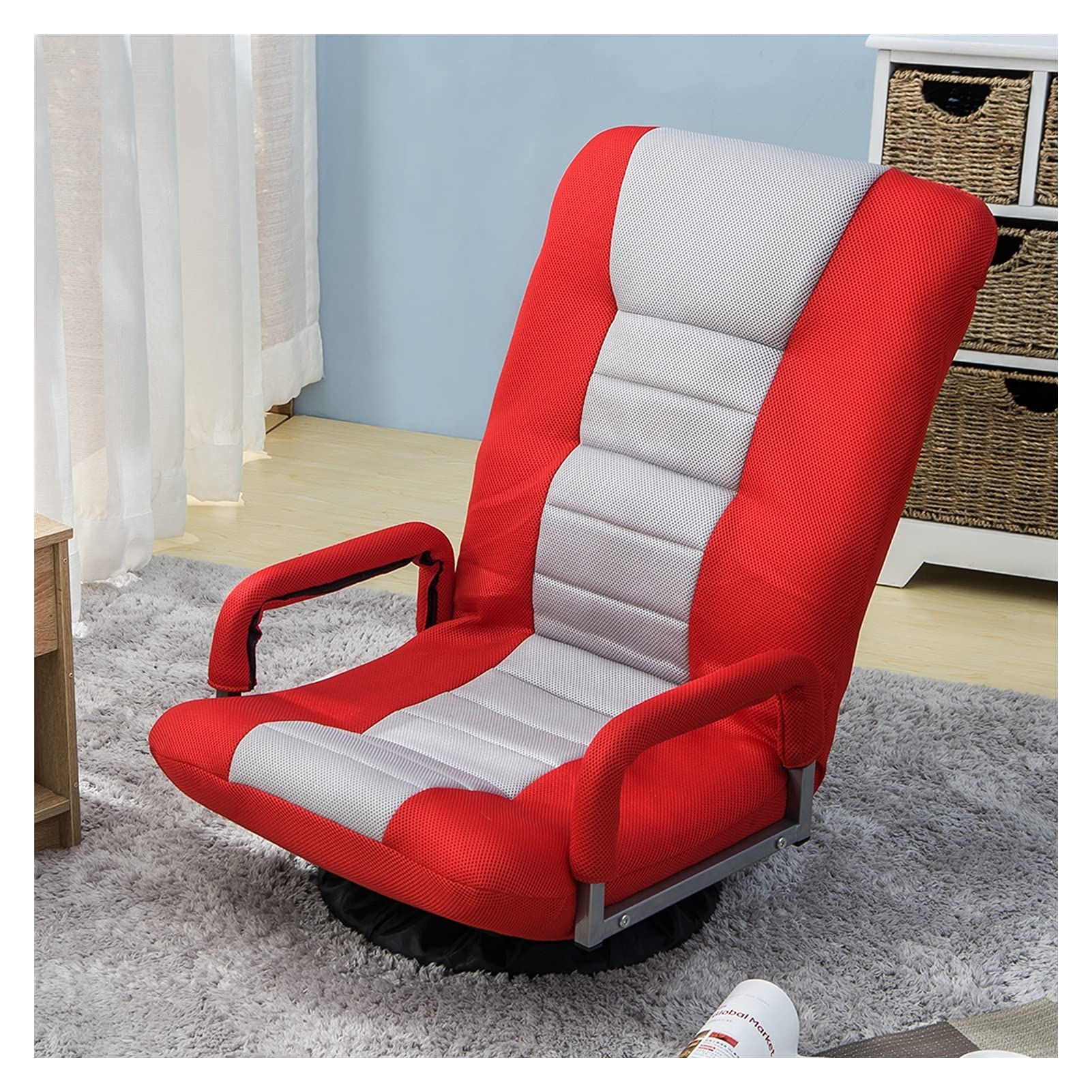WHNB Swivel Video Rocker Gaming Chair - Ergonomic 7-Position Adjustable Computer Chair with Lumbar Support, Foldable Floor Sofa Lounger for Adults (Red+Beige) - Perfect for Gaming, Office Work, Movie Watching and Relaxing at Home