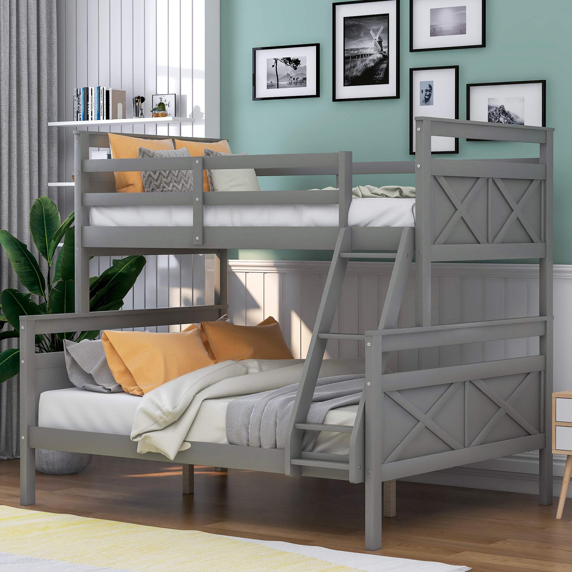 Convertible Twin Over Full Bunk Bed with Ladder - Gray for Kids & Guest Rooms