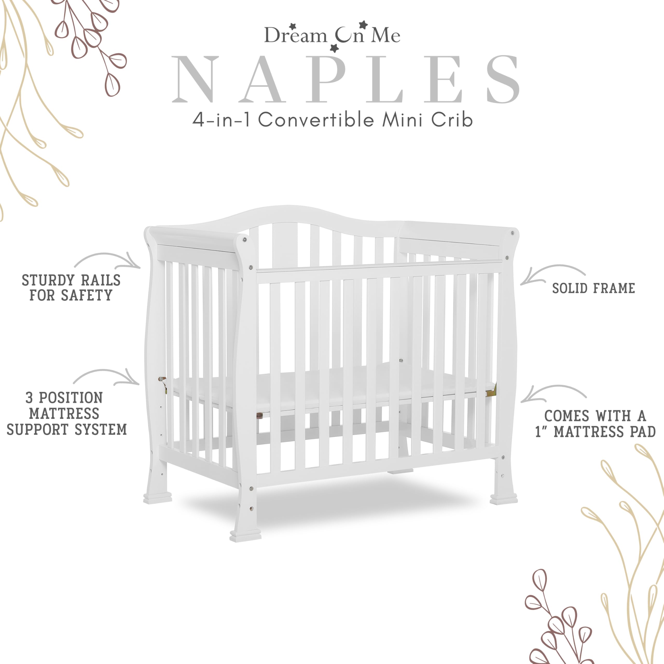 Dream On Me Addison 4-in-1 Convertible Mini Crib - White | GREENGUARD Gold Certified | Non-Toxic New Zealand Pinewood | Includes 1