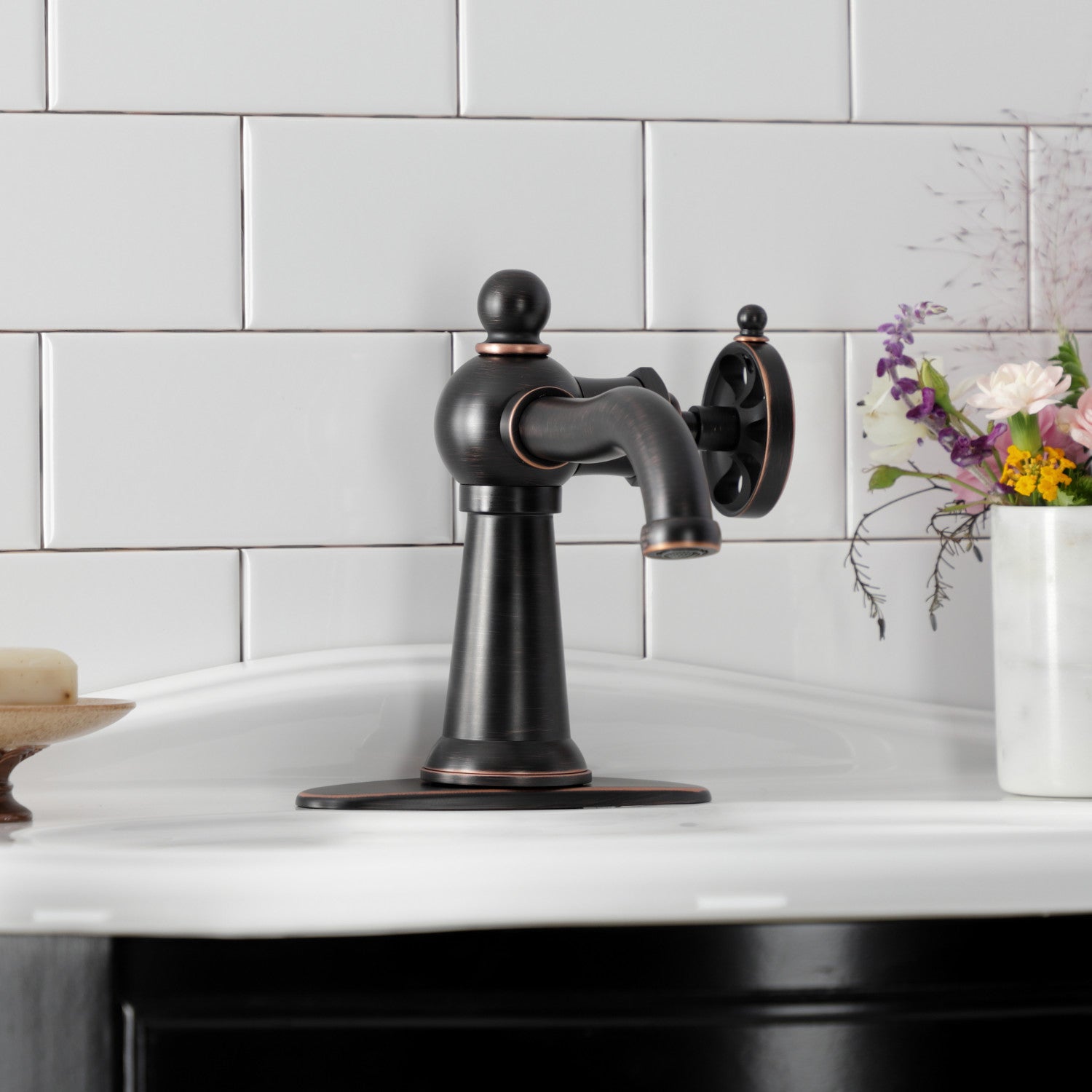 Belknap KSD354RXNB Single Handle 1-Hole Bathroom Sink Faucet with Deck Plate & Push Pop-Up Drain - Naples Bronze Finish for Modern Bathroom Vanity & Powder Room