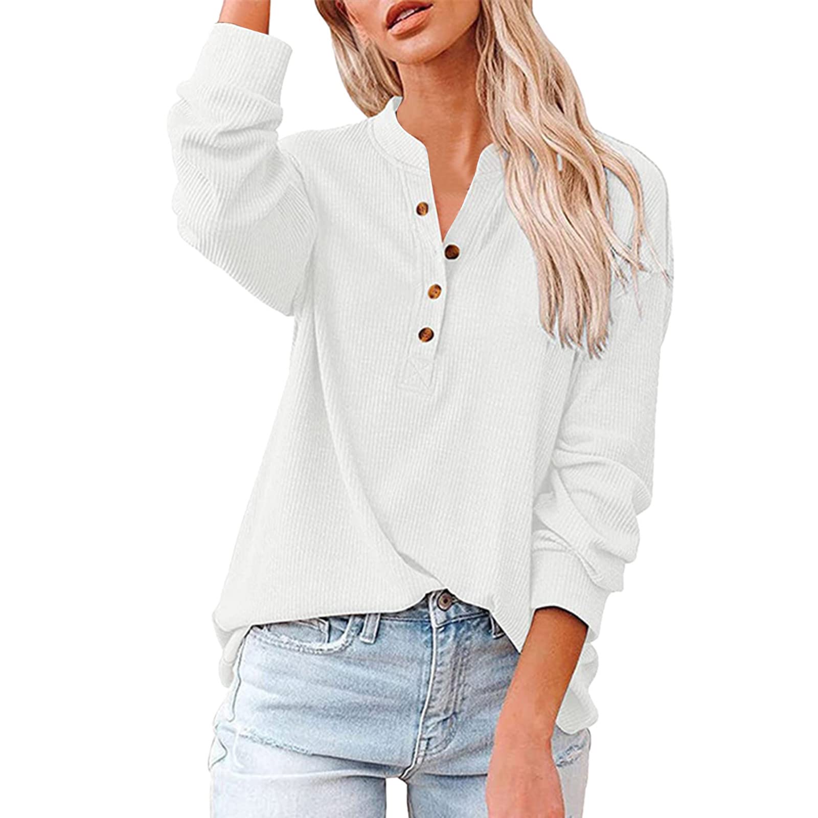 Women's V-Neck Loose Fit Solid Color Long Sleeve Summer Blouse - Breathable Stitching Tops for Casual Wear & Office Outfits | Spring & Summer Fashion 2022
