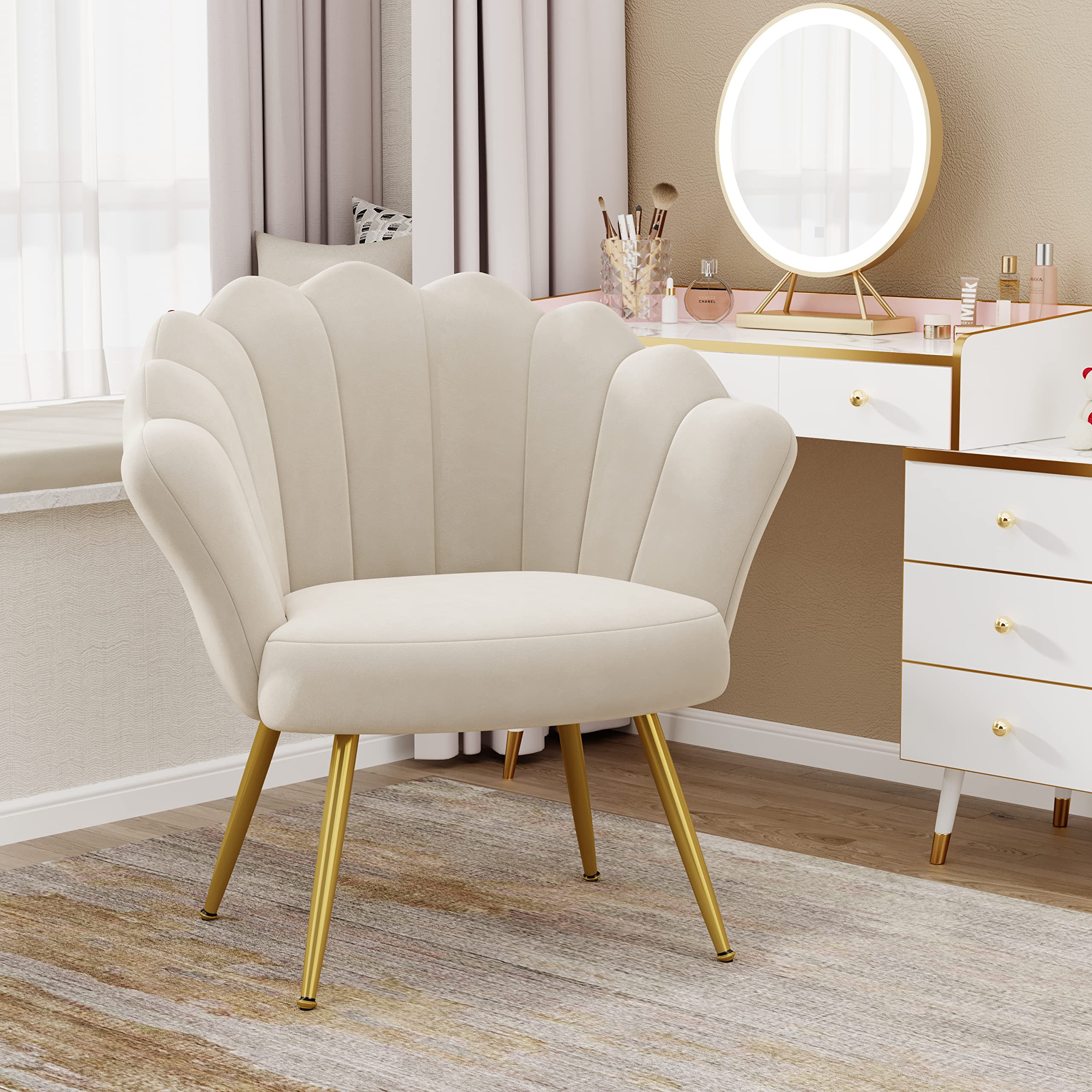 Mid Century Velvet Accent Chair - Modern Upholstered Barrel Armchair for Living Room, Bedroom & Makeup Vanity - Comfy Guest Leisure Chair in Ivory - Perfect for Home Decor, Reading Nook & Lounge Areas