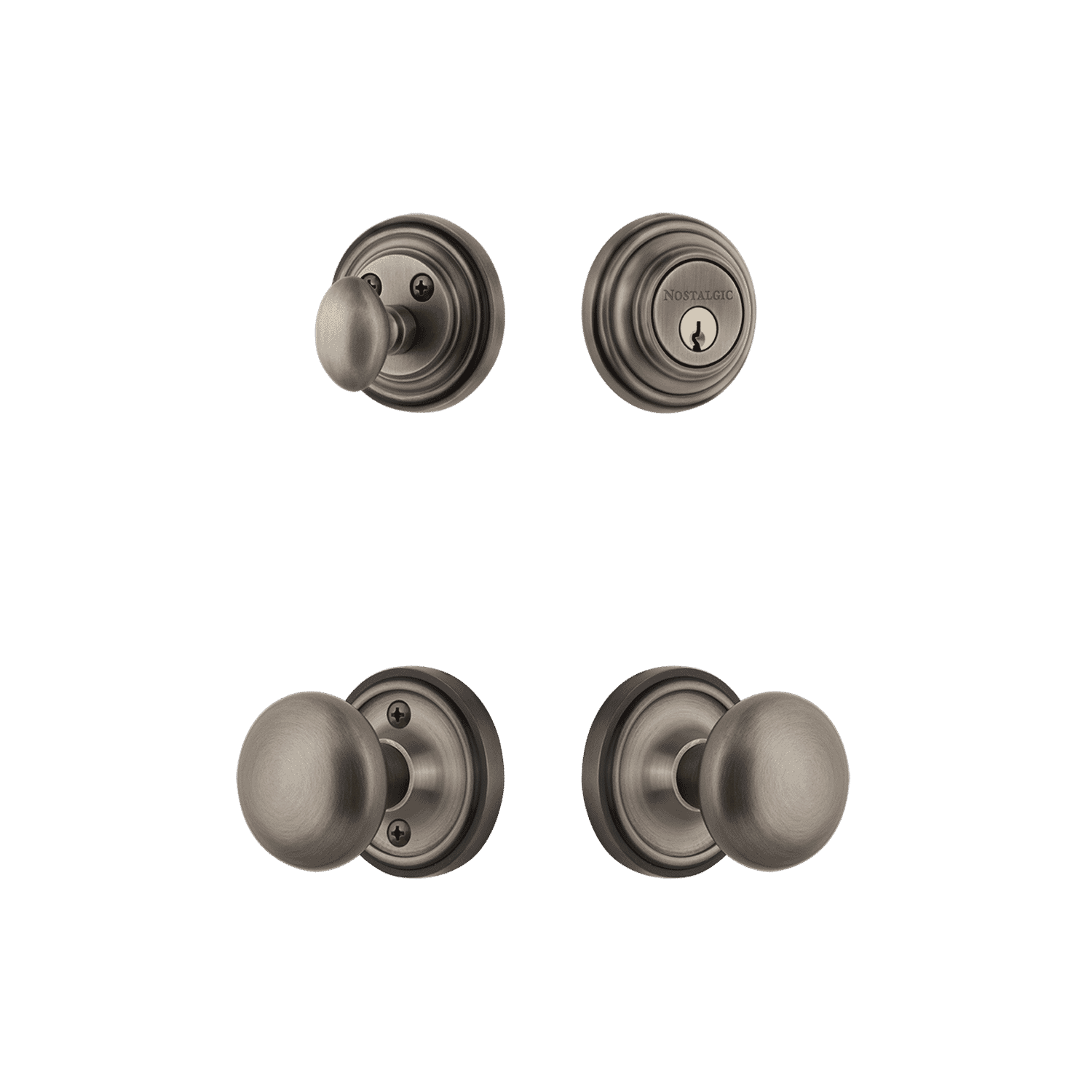Classic Rosette Entry Set with New York Knob in Antique Pewter - Vintage Style Door Hardware for Home & Office Decoration | Perfect for Interior Doors, Bedrooms, and Traditional Style Houses