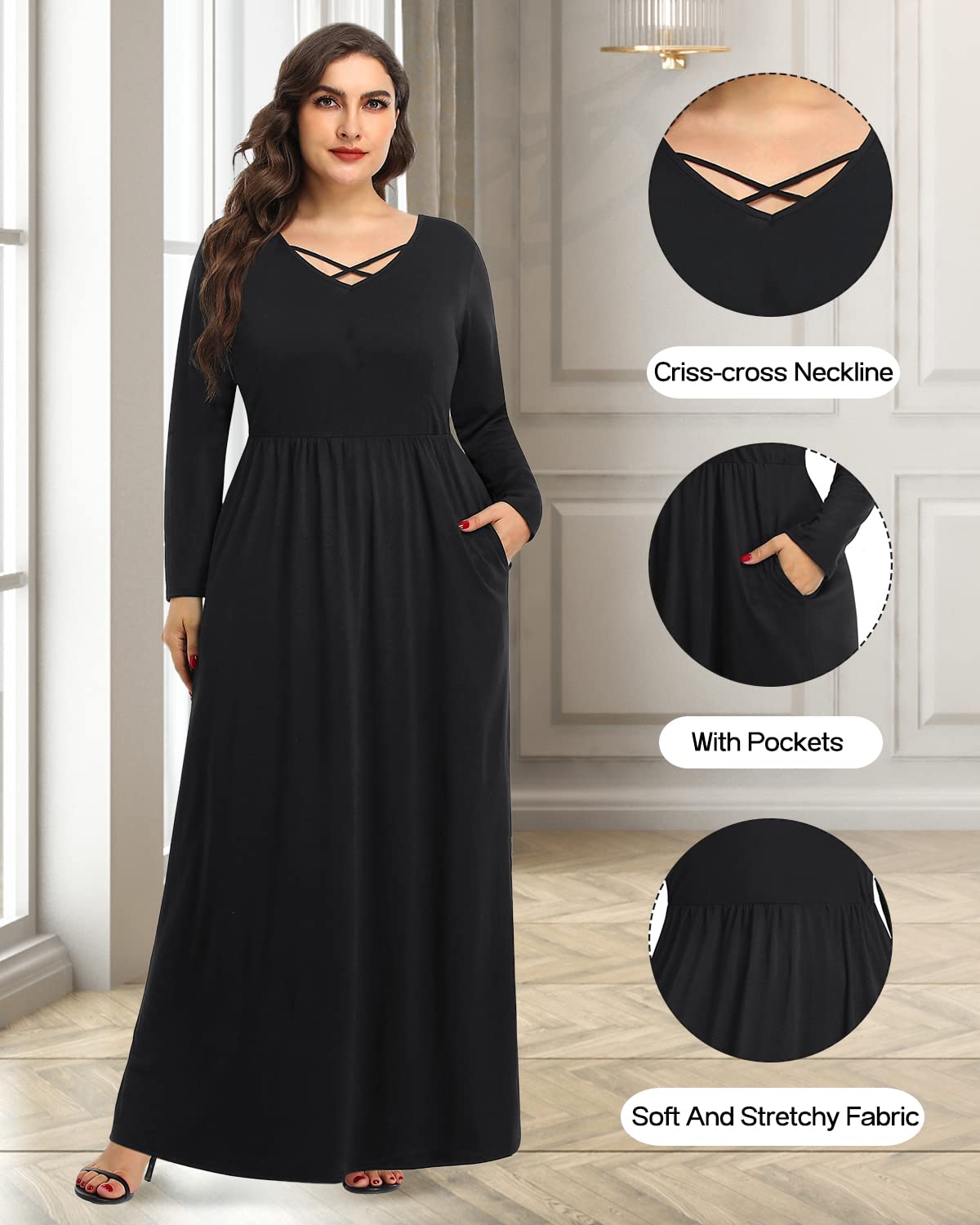 Plus Size Long Sleeve Maxi Dress for Women - Soft Casual Pinup Fashion with Pockets | Perfect for Date Night, Office Wear & Spring Outfits
