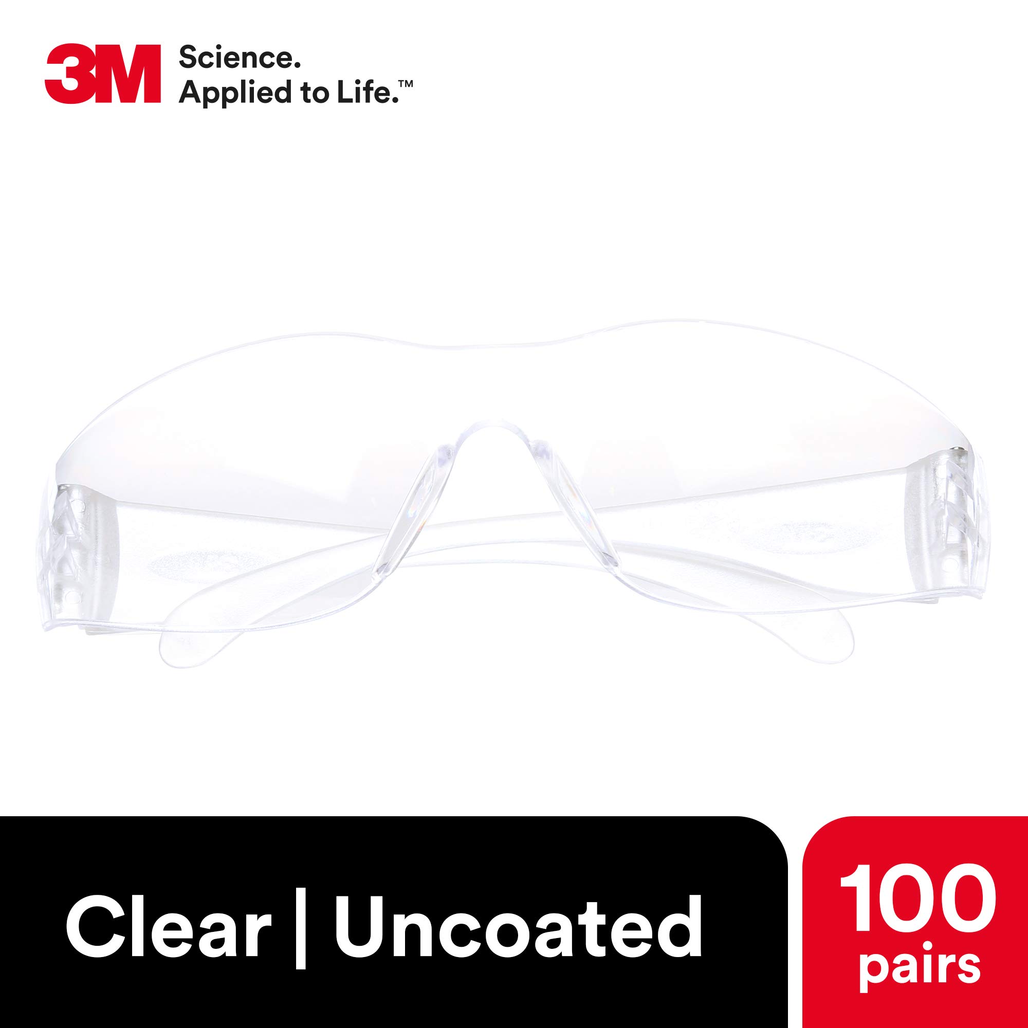 3M Virtua Safety Glasses - ANSI Z87.1 Certified, Clear Lens & Frame, Pack of 100 - Lightweight, UV Protection (UVA/UVB/UVC) for Industrial, Construction & DIY Projects - Unisex Protective Eyewear