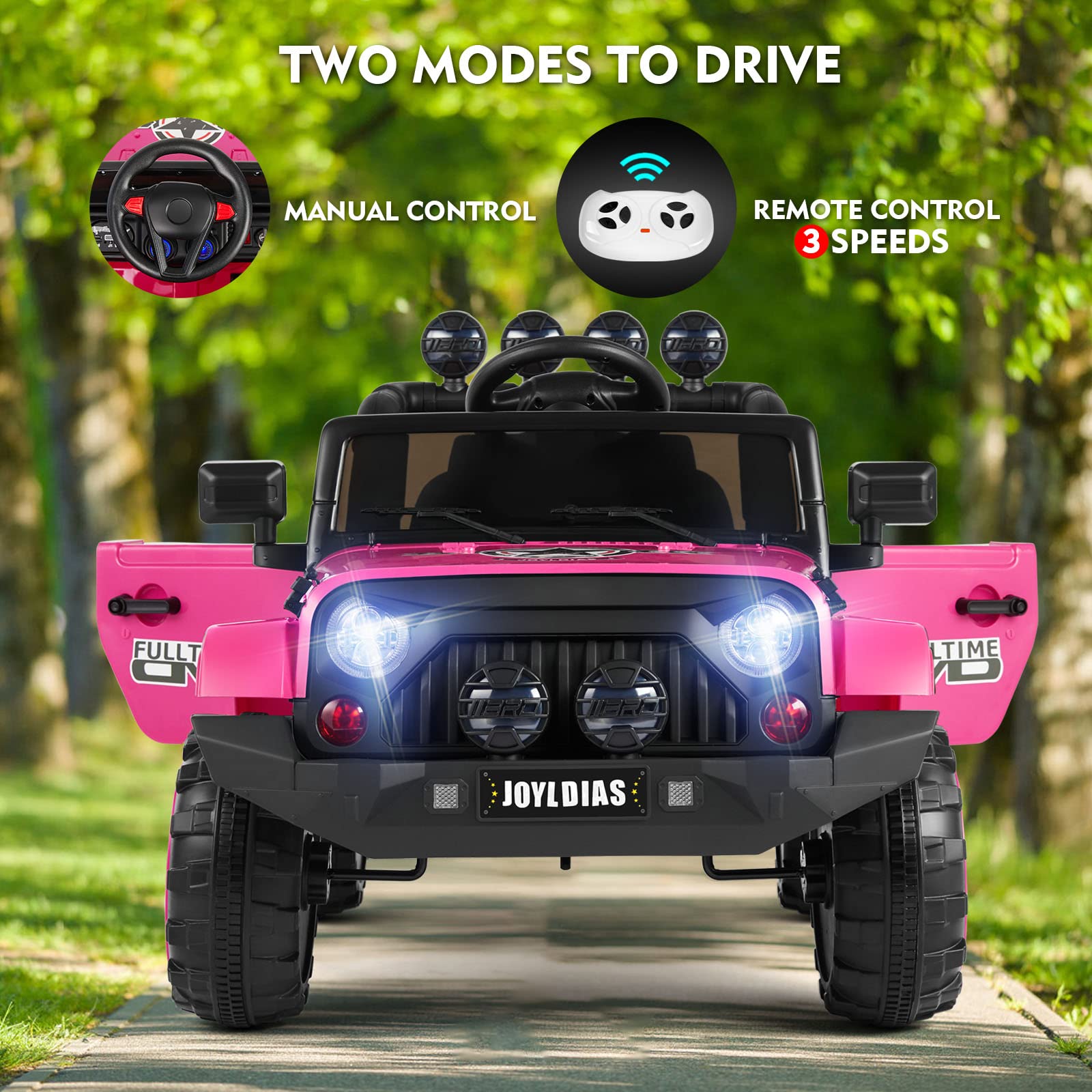 JOYLDIAS 12V Kids Electric Ride On Truck with Storage, Parental Remote Control, Bluetooth, MP3 Player & LED Lights - Pink Spring Suspension Toy Car for Boys & Girls | Outdoor Play, Birthday Gifts, Backyard Fun