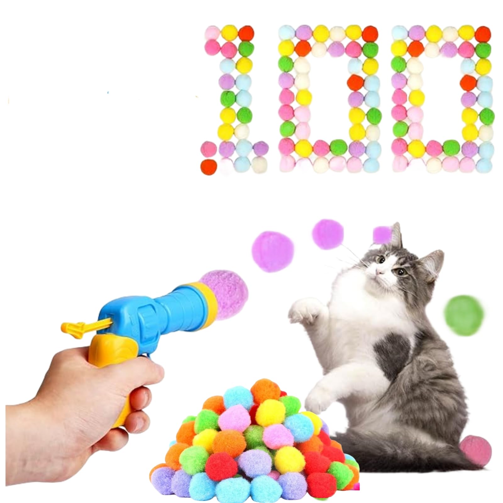 100Pcs 1.2Inch Soft Cat Pompom Balls with Launcher - Colorful Interactive Cat Toys for Indoor Play, Exercise & Training - Perfect for Kittens, Adult Cats & Multi-Cat Households