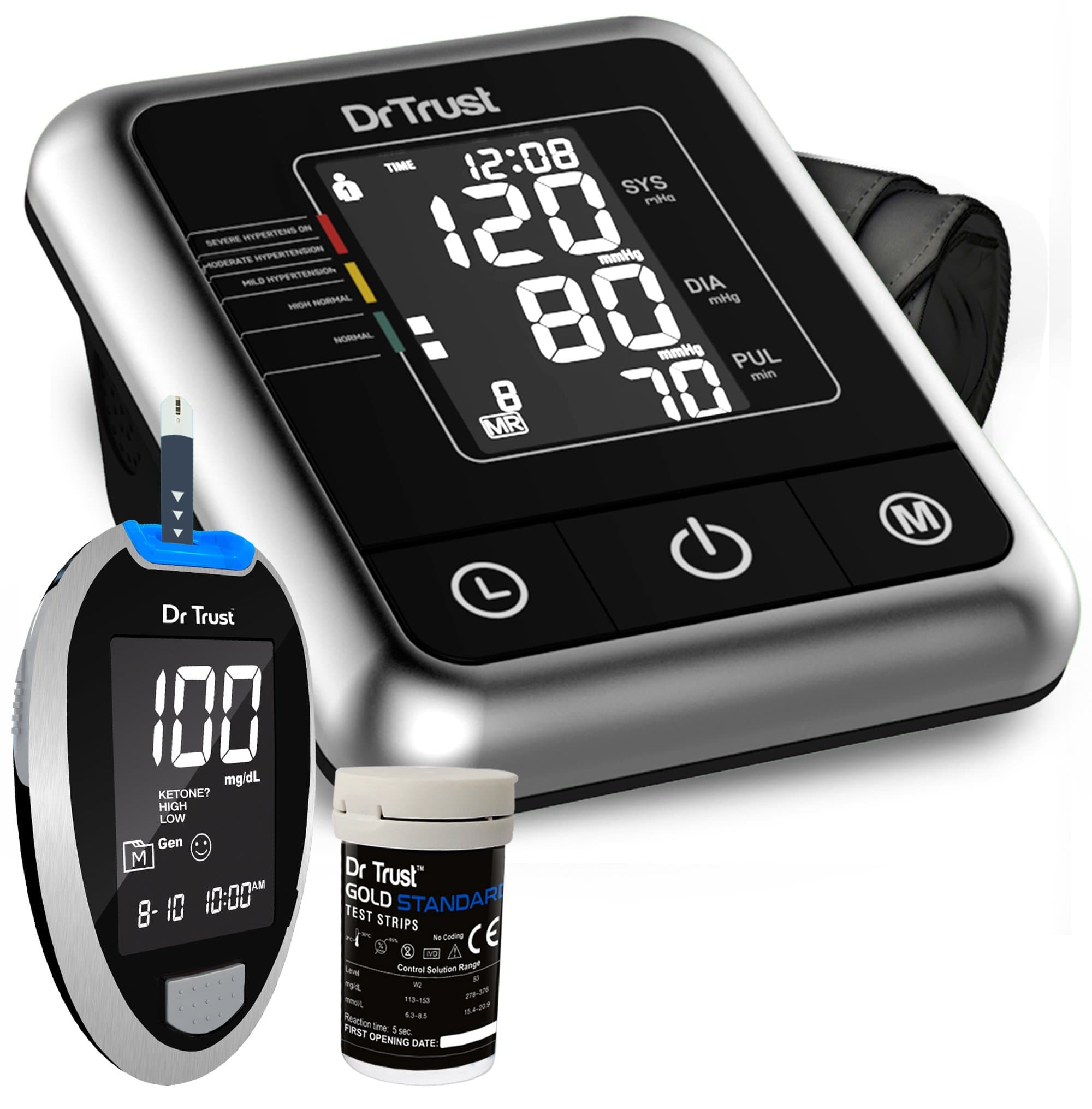 Dr Trust USA A One Galaxy Blood Pressure Monitor 106 & Glucometer Sugar Check Machine 9001 with 10 Test Strips - Home Health Monitoring Kit for Diabetes and Hypertension Care