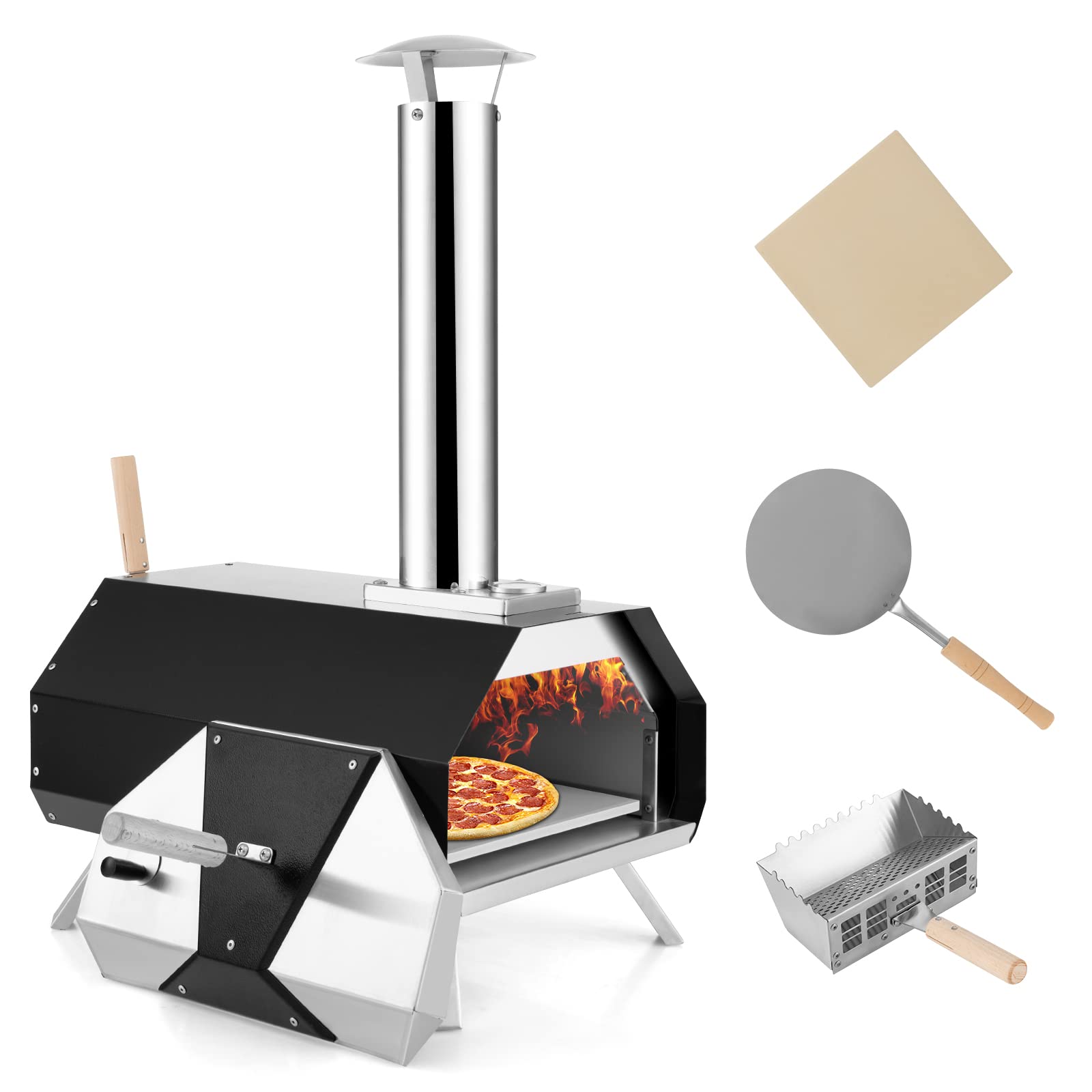COSTWAY 12 Stone Wood Pellet Grill - Portable Fired Maker with Foldable Legs & Built-in Thermometer, Stainless Steel Outdoor Pizza Oven for Camping, Backyard BBQ, Picnic & Party | Perfect for Grilling, Smoking & Baking in Black