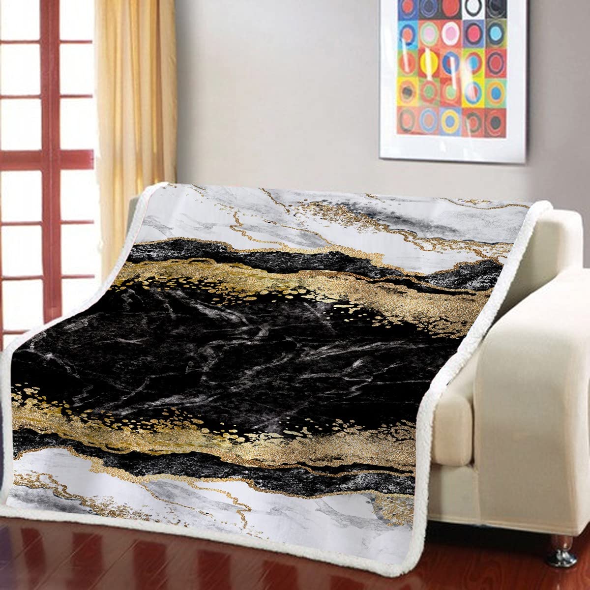 LIGUOGUO 3D Printed Liquid Marble Throw Blanket - Black Gray Gold Sherpa Fleece with Marbling Pattern (60x80 Inches) | Ultra Soft Lightweight Plush Blanket for Bed, Couch, Sofa, Office & Travel | Perfect for Cozy Nights, Movie Time & Home Decor