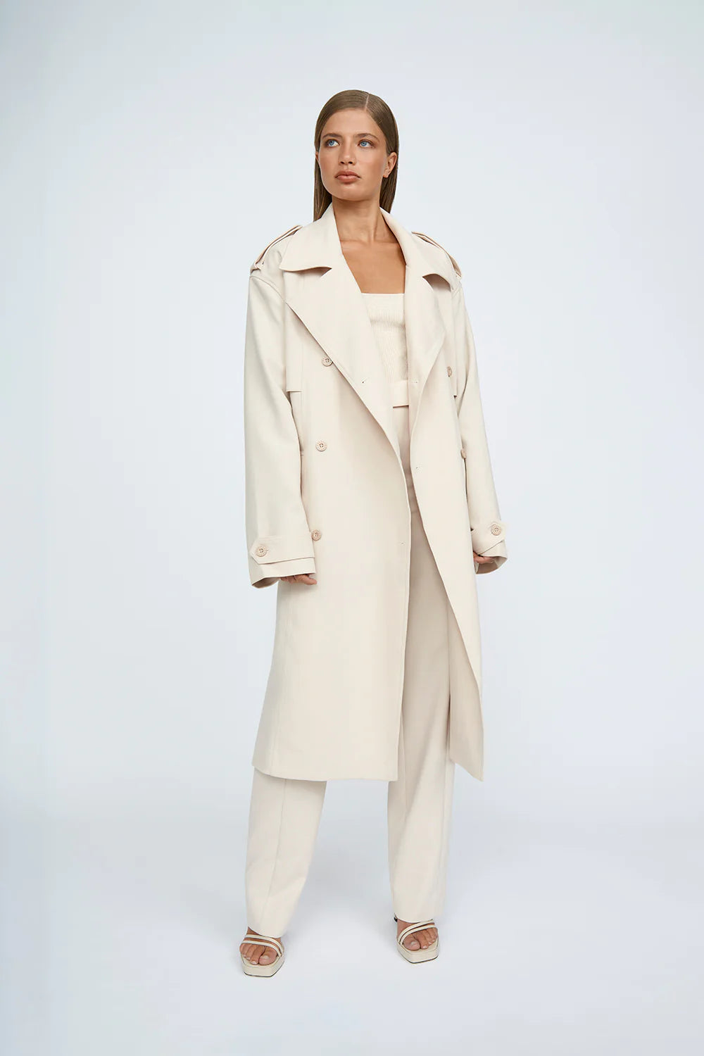 Blair Belted Trench Coat for Women - Classic Sand Color Long Coat with Belt - Perfect for Office, Fall Fashion & Rainy Days