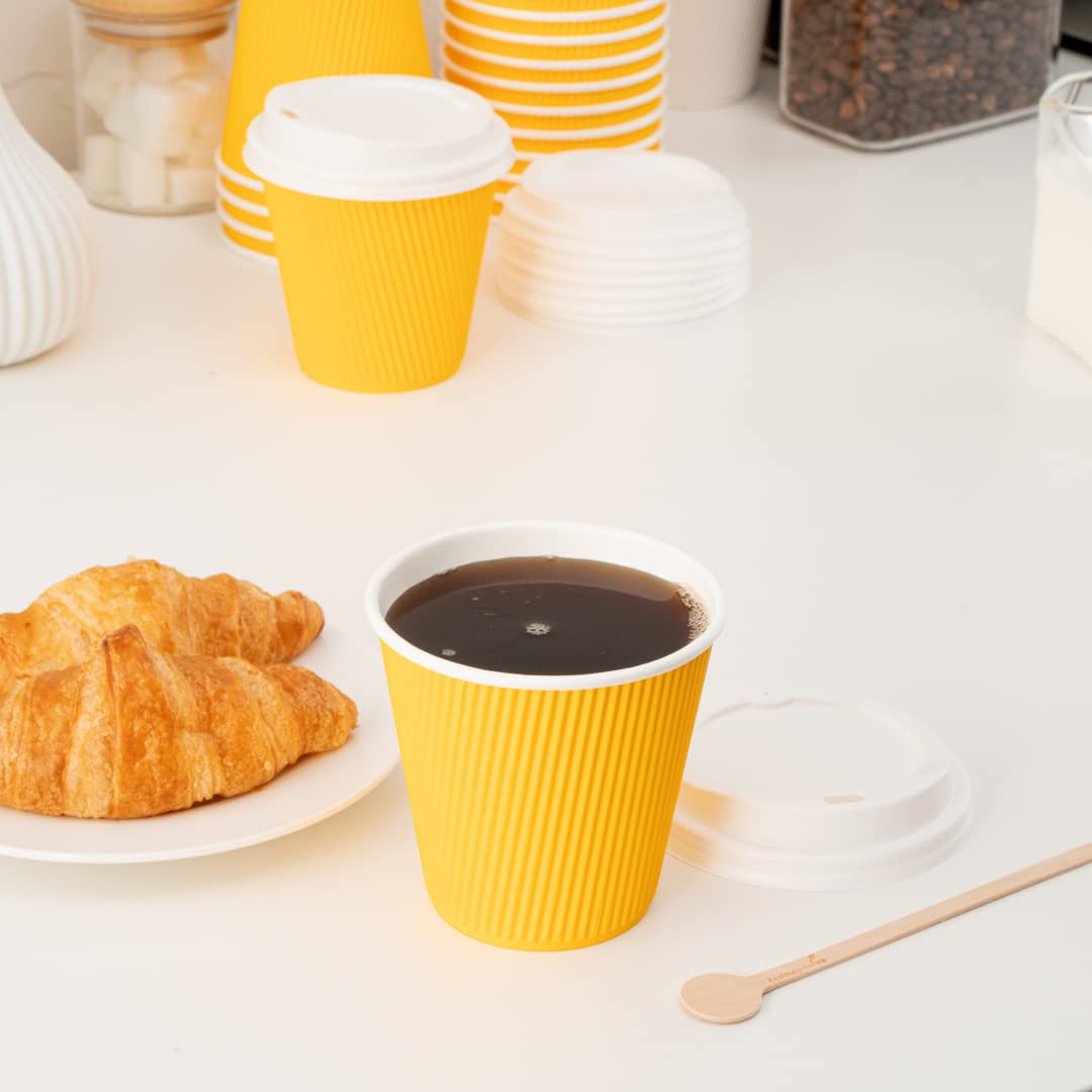 8oz Insulated Coffee Cups with Lids (20 Pack) - Leakproof & Non-Slip Yellow Disposable Paper Cups for Hot Beverages - Perfect for Coffee, Tea, Hot Cocoa & Lattes at Cafes, Offices or Home Use