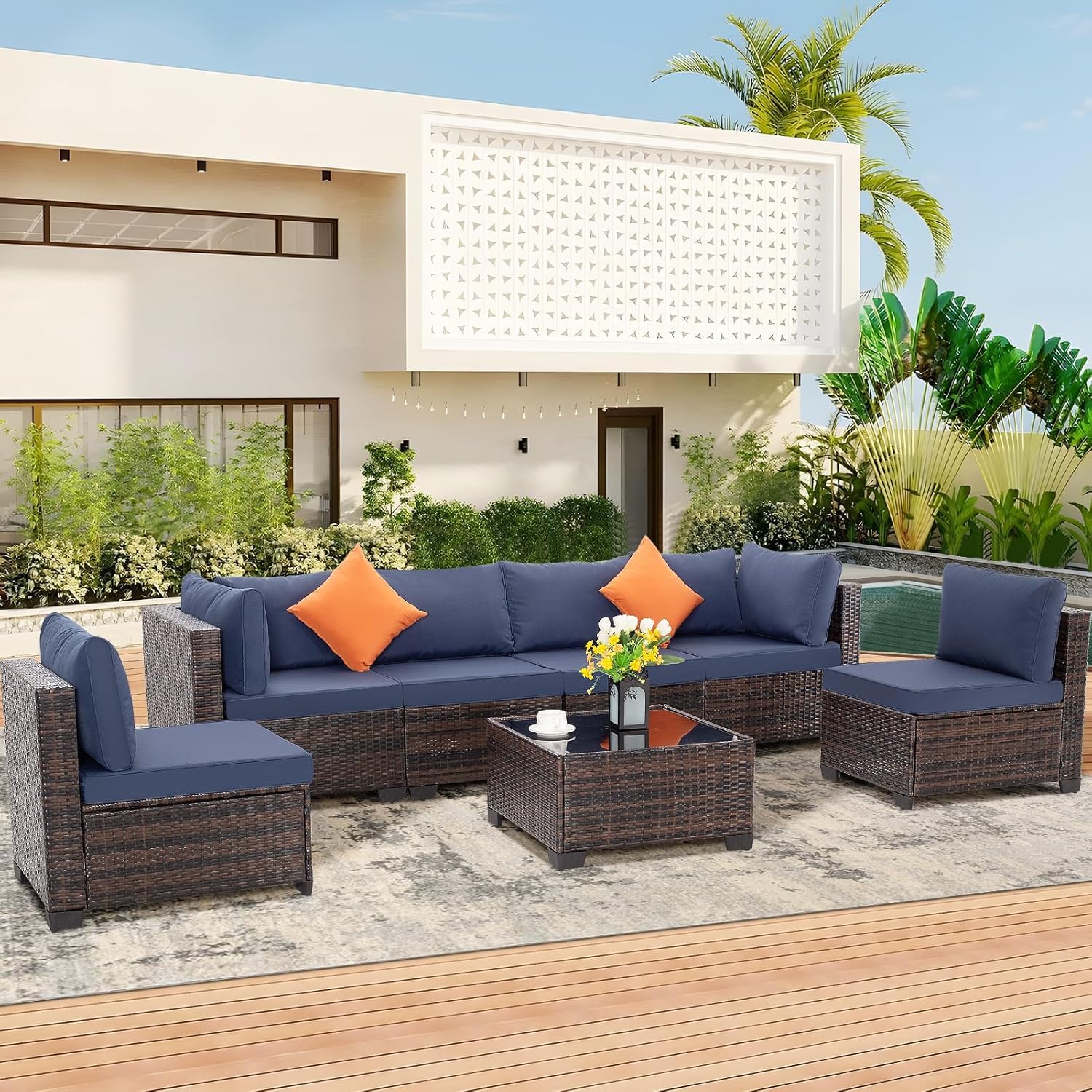 7-Piece Patio Outdoor Furniture Set - Rattan Wicker Sectional Sofa with Coffee Table - Brown Wicker & Blue Cushion - Perfect for Deck, Lawn, Garden, and Backyard Relaxation